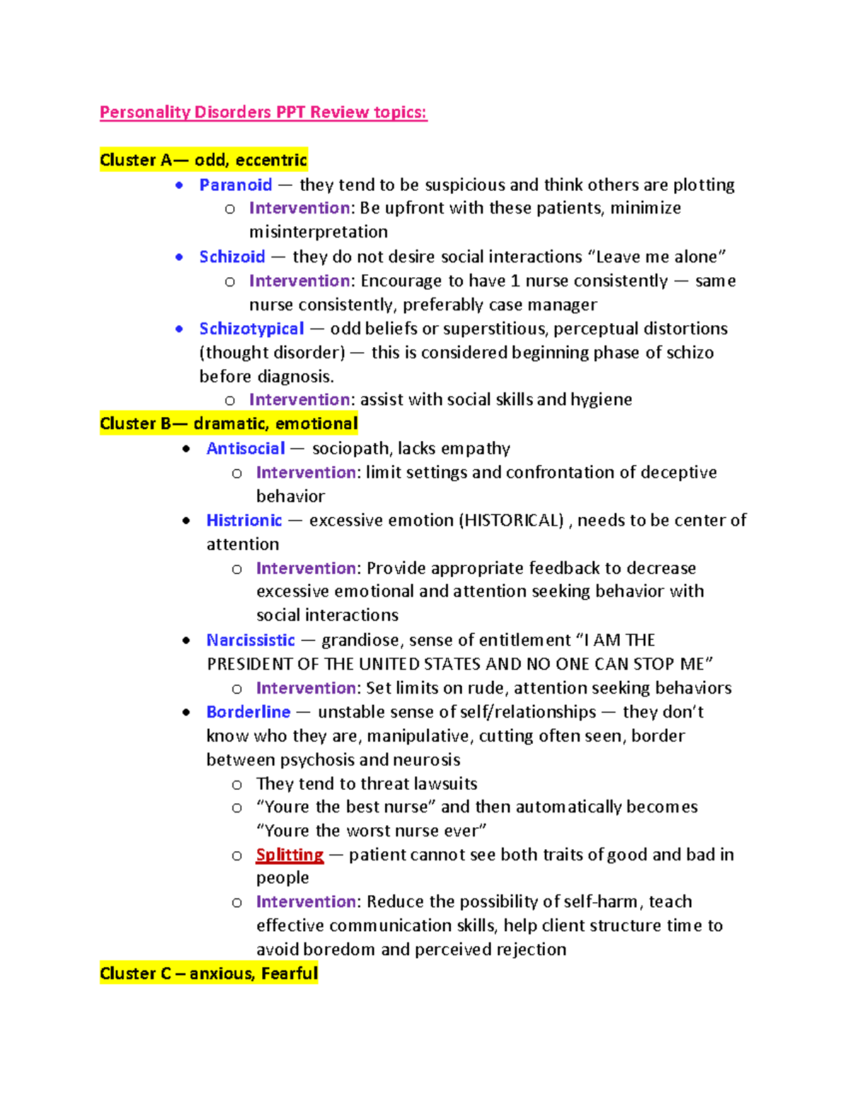 NUR 305 Exam 3 Review: Personality Disorders, Eating Disorders, and ...