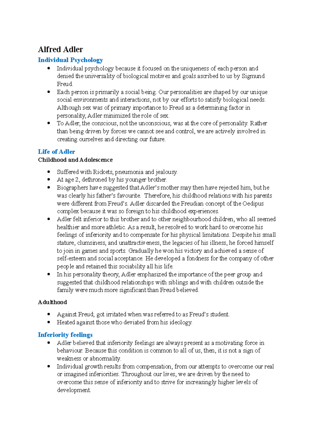 Alfred Adler - TOP Unit 3: Theories in Individual Psychology - Studocu