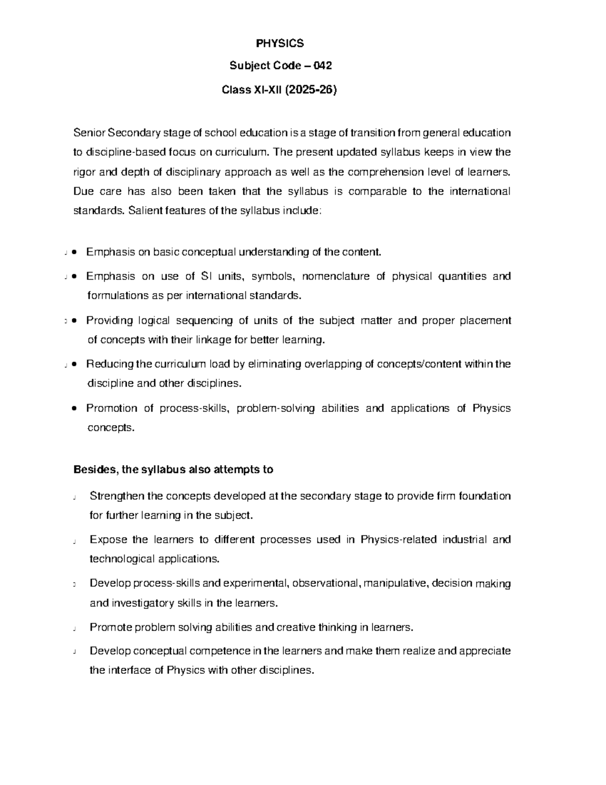 Physics Syllabus 2025-2026 (Code No. 042) for Senior Secondary - Studocu