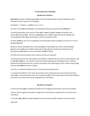 CI 164 Chapter 6&7 Questions - CI-164 Construction Estimating Spring ...
