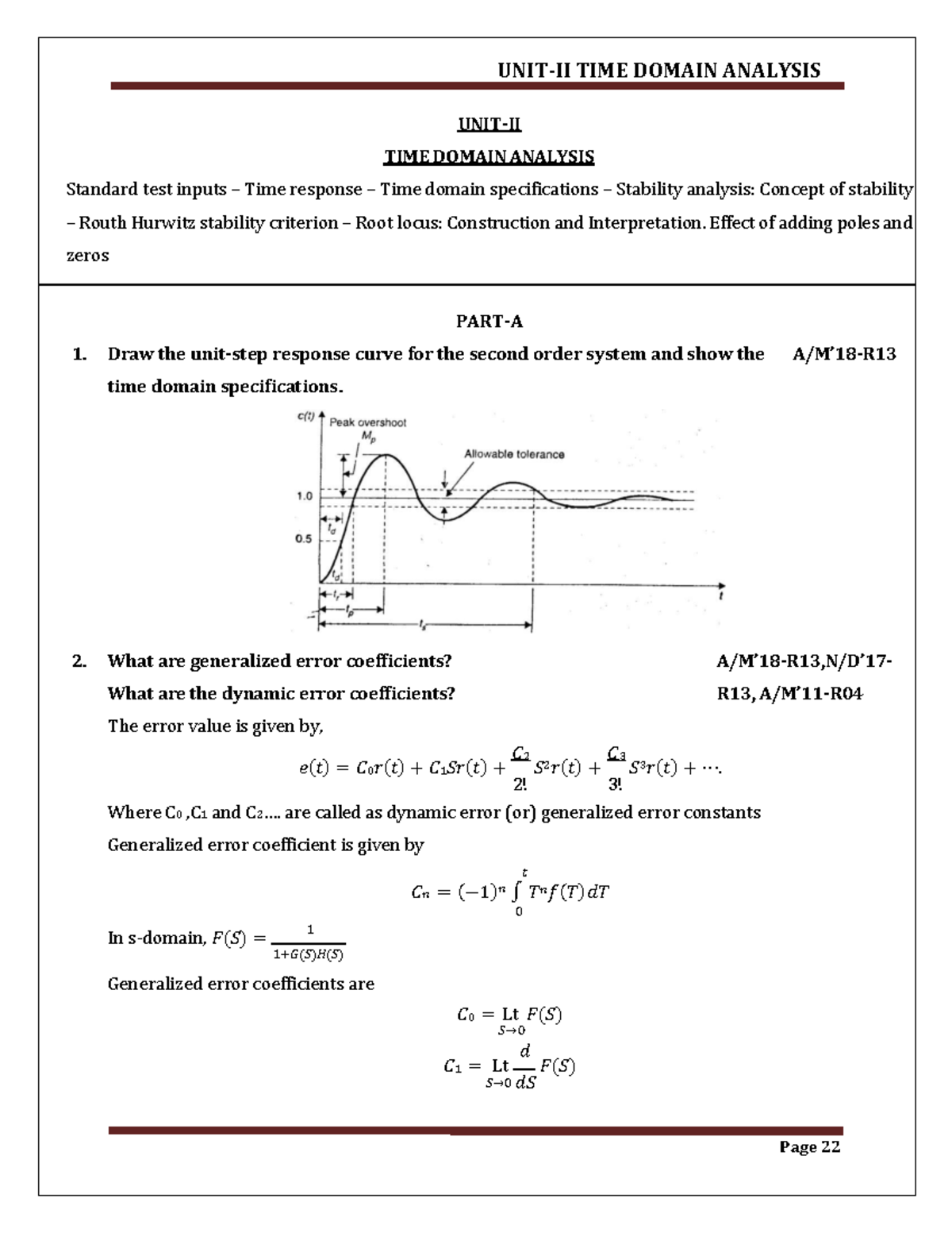 Control Systems - EE3503 - Important Questions: Time Domain Analysis ...