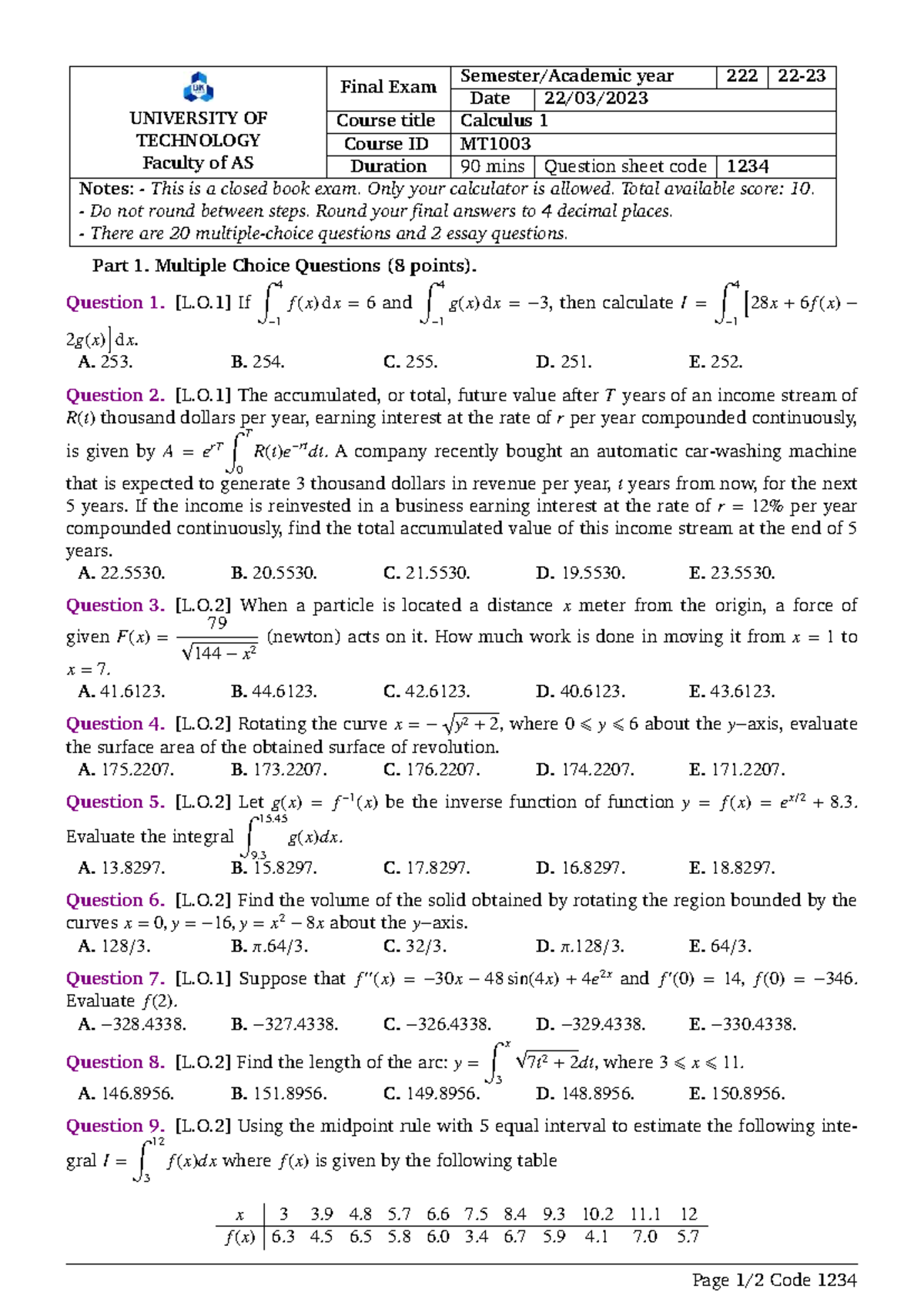 Final Exam MT1003 Calculus 1 Question Sheet 1234 - Studocu
