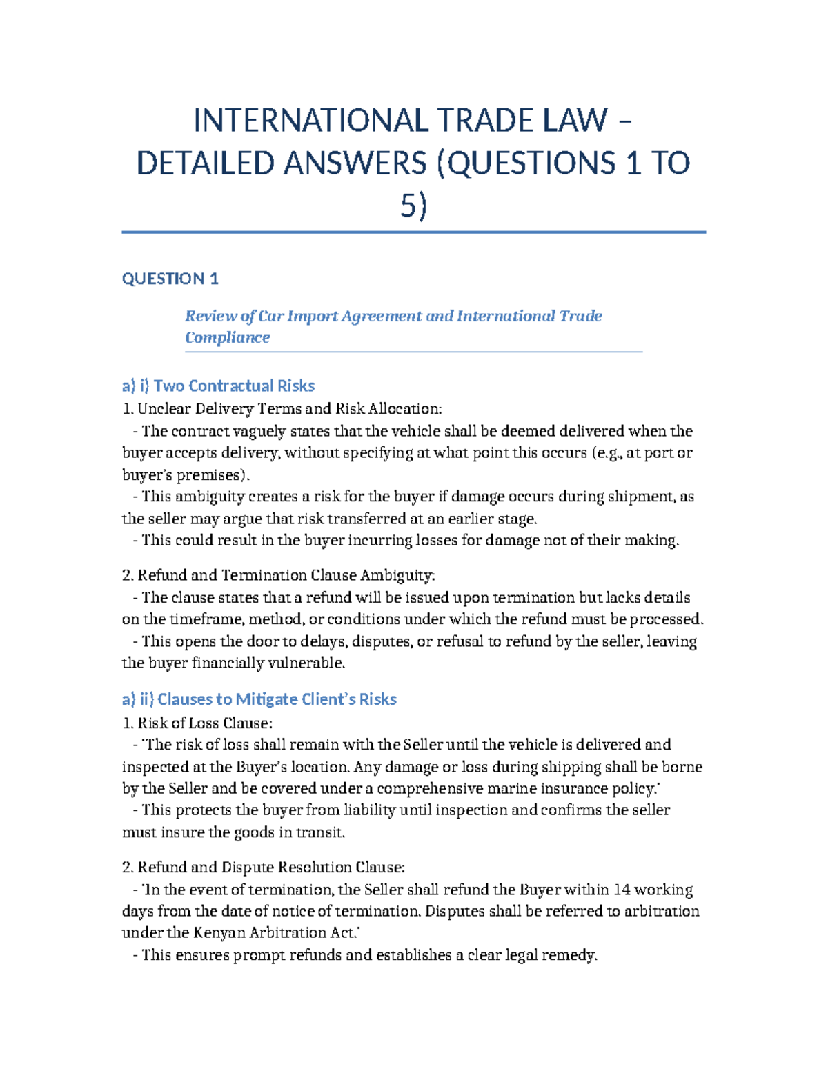 International Trade Law (LAW 301) Detailed Answers: Q1 to Q5 - Studocu