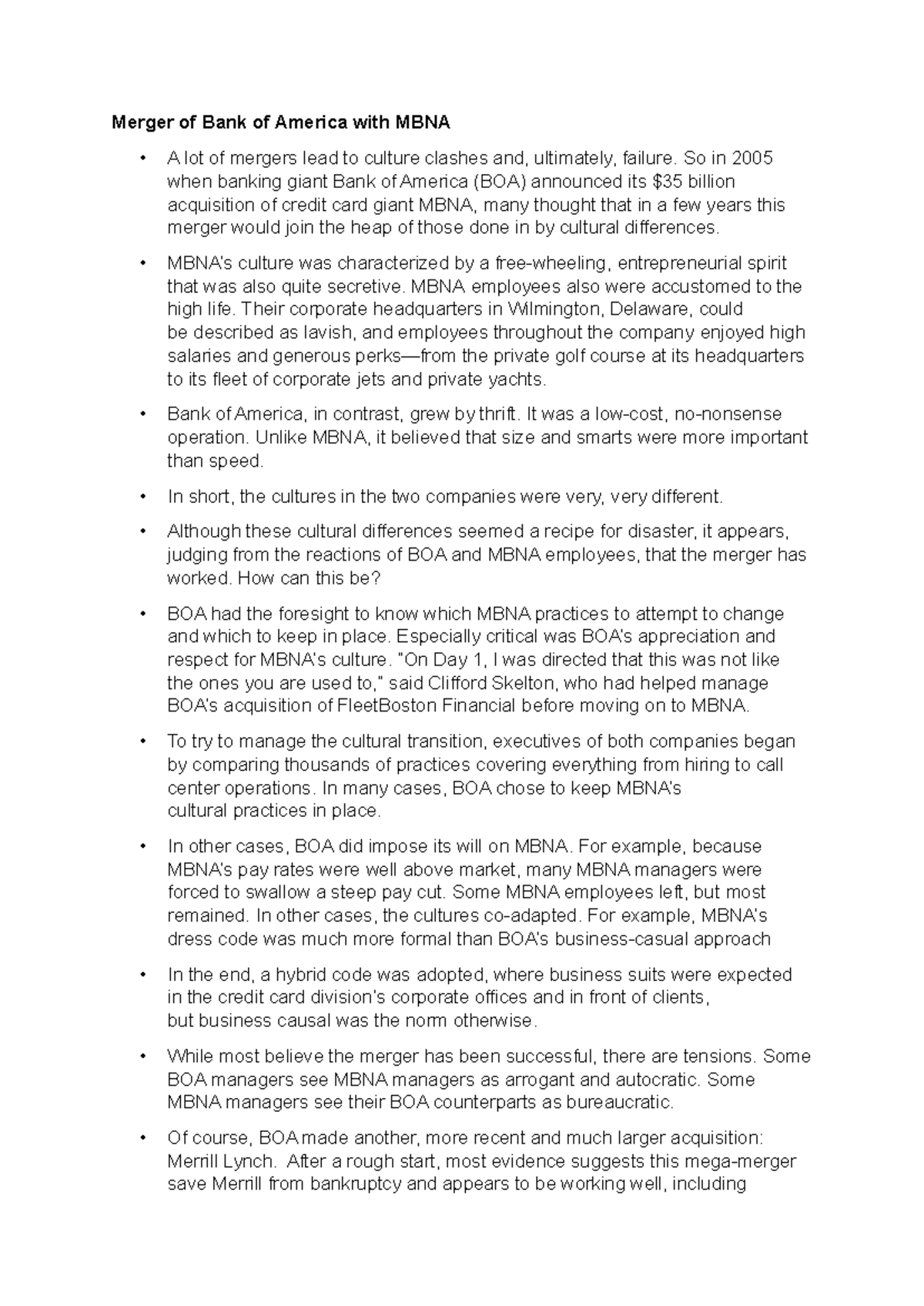 Case Study on Org. Culture: BOA & MBNA Merger Analysis - Studocu