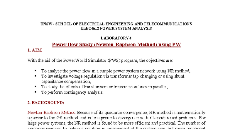 ELEC4612 Lab 4: Power Flow Study Using Newton-Raphson Method - Studocu