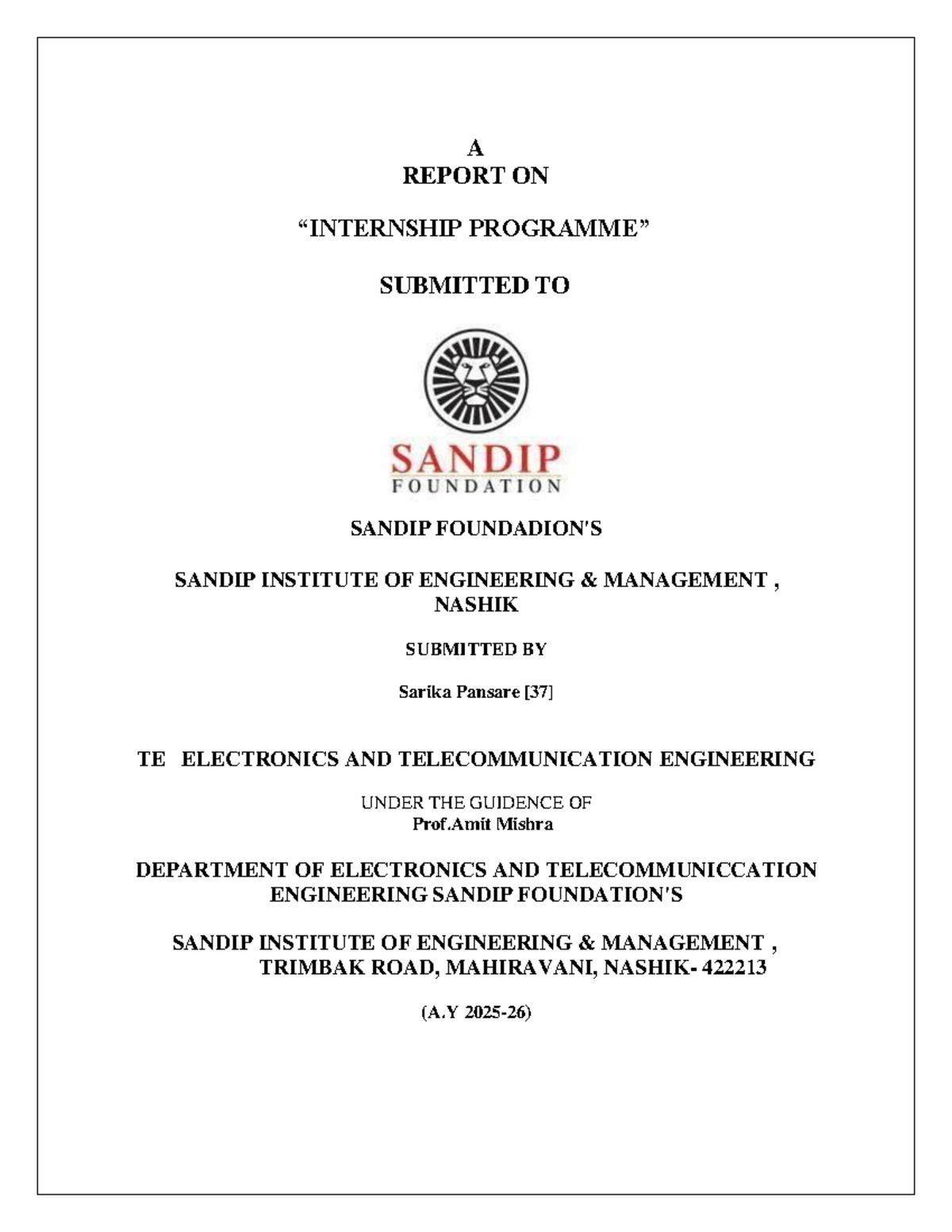 TE Electronics & Telecommunication Engineering Internship Report - Studocu