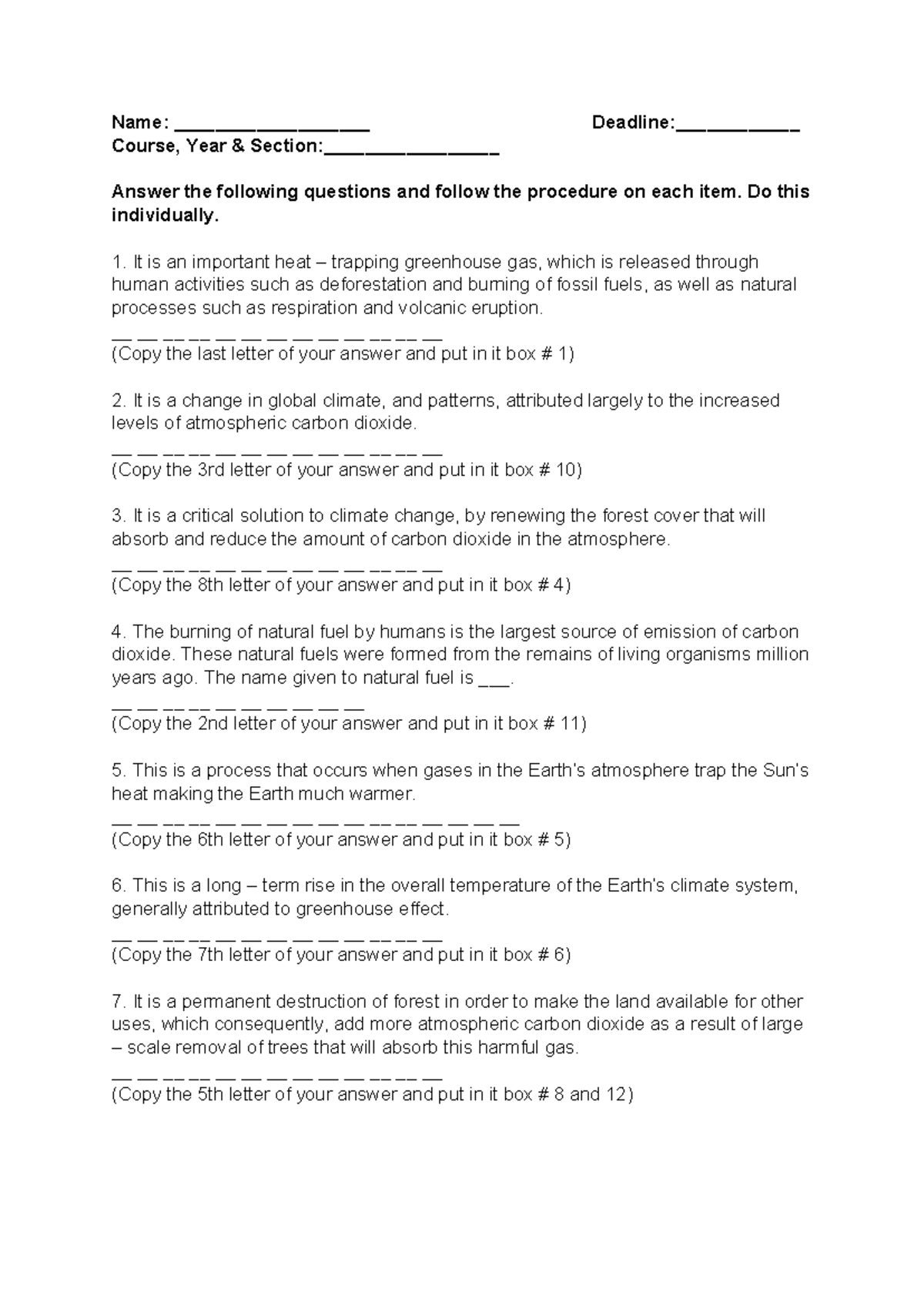 STS Activity: Climate Change and Greenhouse Effect Quiz - Studocu