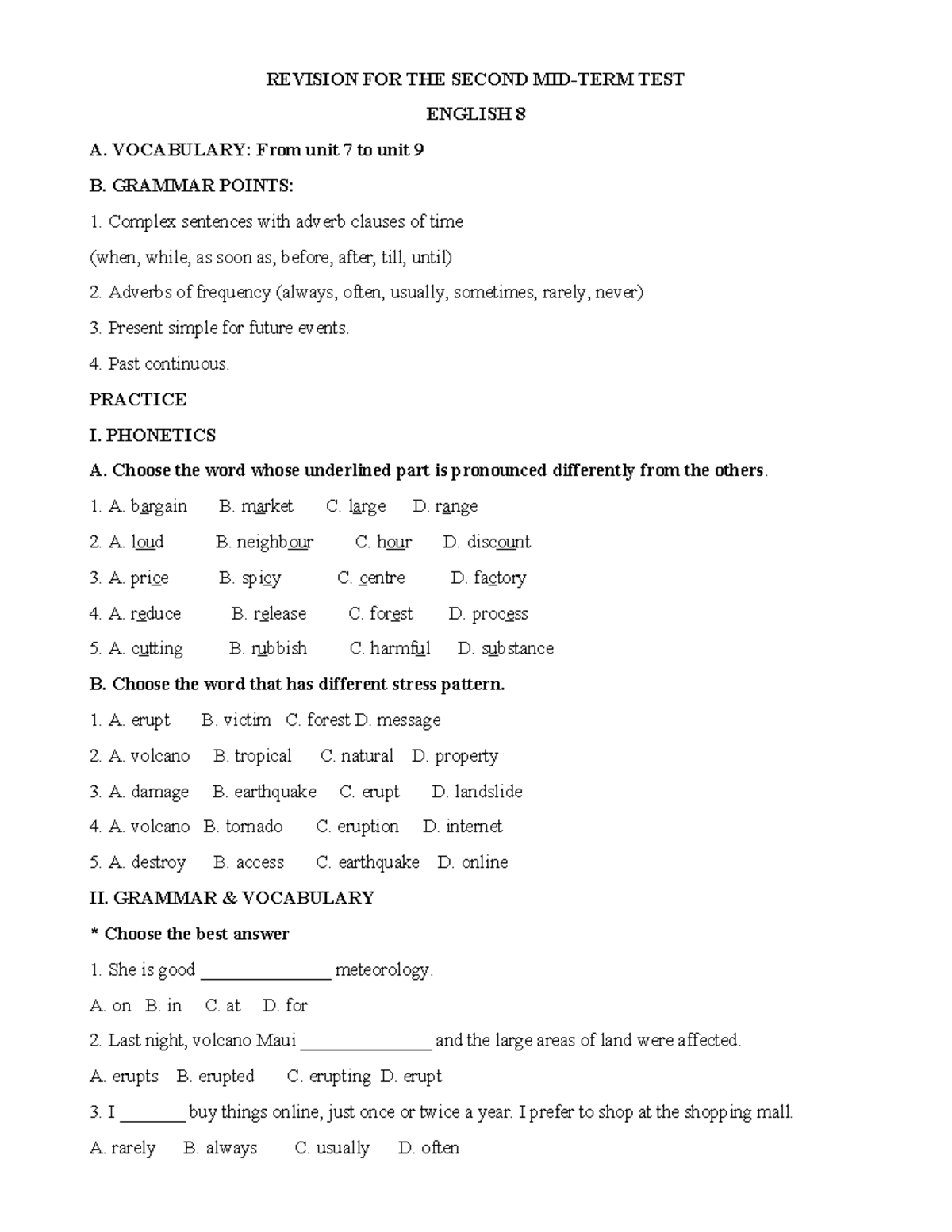 Revision for English 8 Test: Vocabulary & Grammar Review - Studocu