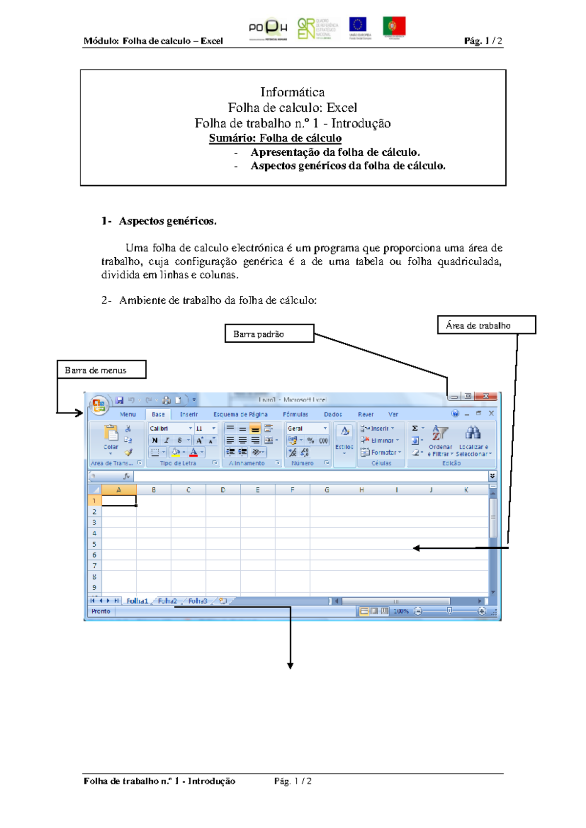 Folha N1 - excel - Módulo: Folha de calculo – Excel Pág. 1 / 2 Folha de ...