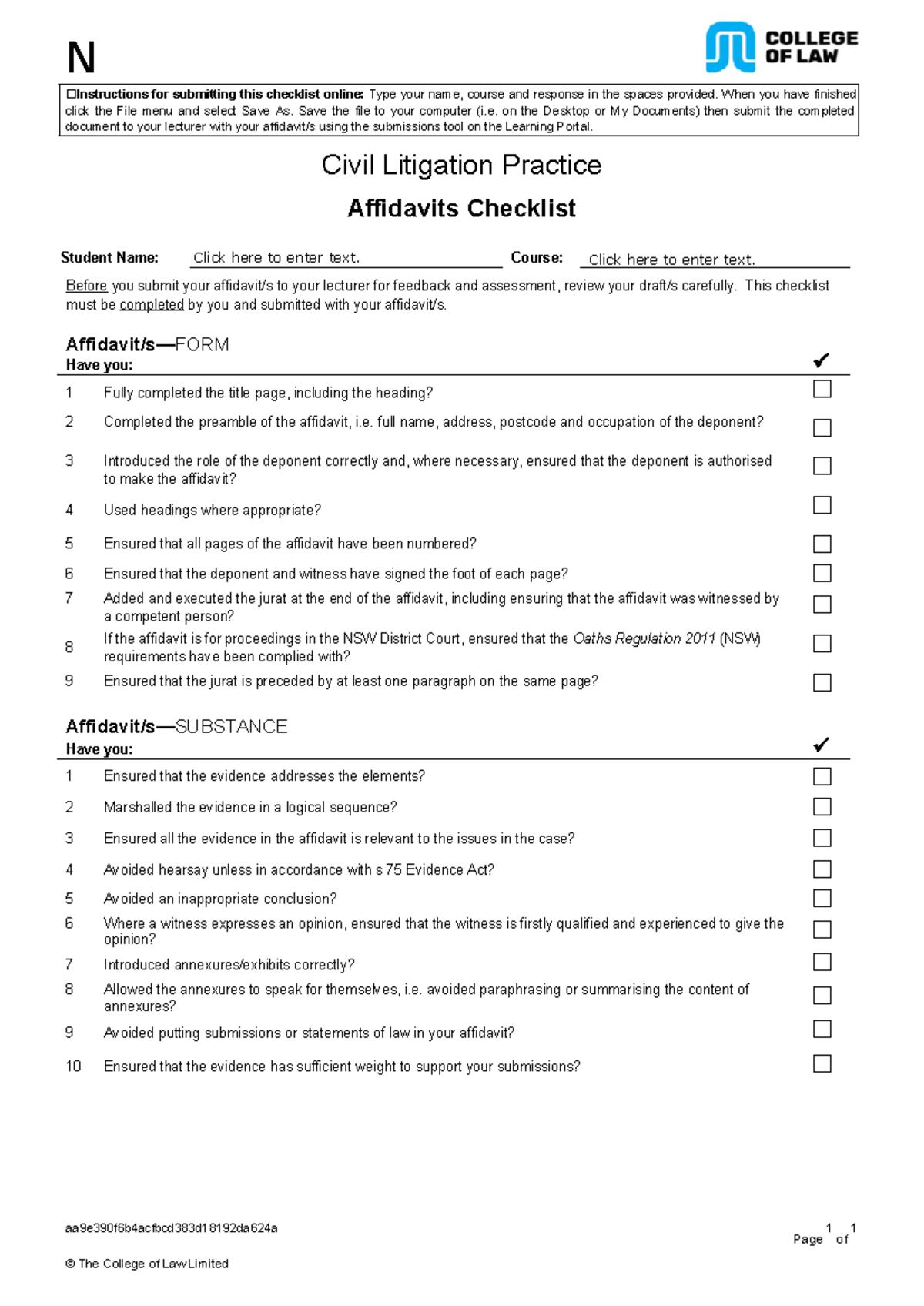 CL T2 A1 Affidavits Checklist NSW 2023 10 22 - N ☐Instructions for ...