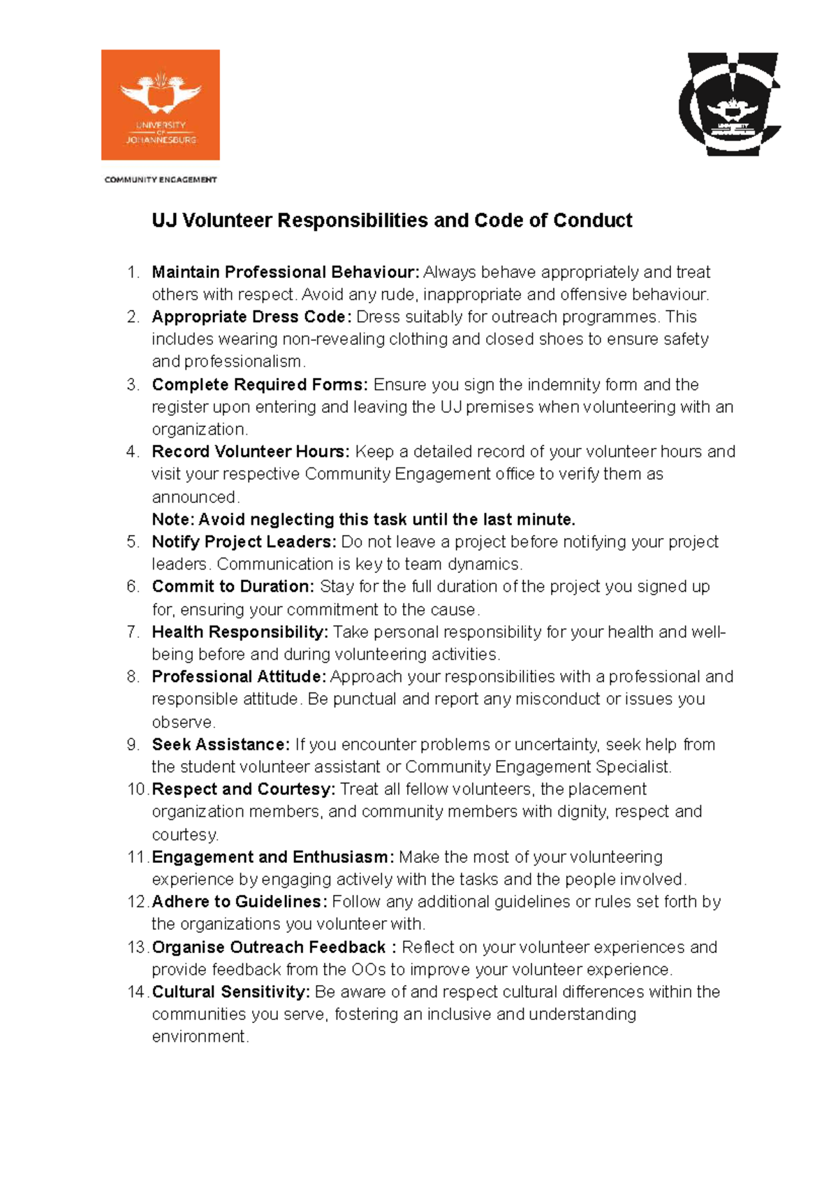 UJ Volunteer Code of Conduct and Responsibilities Guide - Studocu