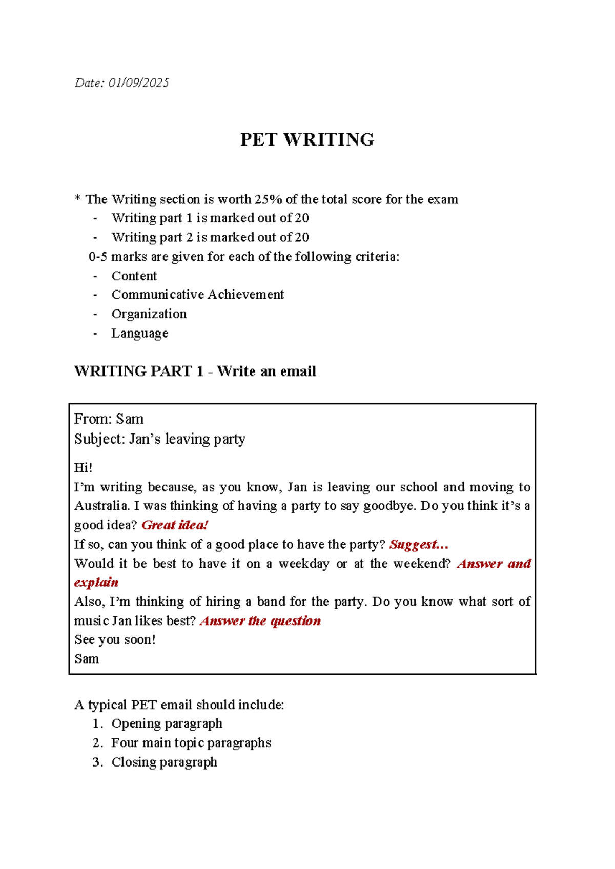PET Writing Exam: Email Structure & Tips for Success - Studocu