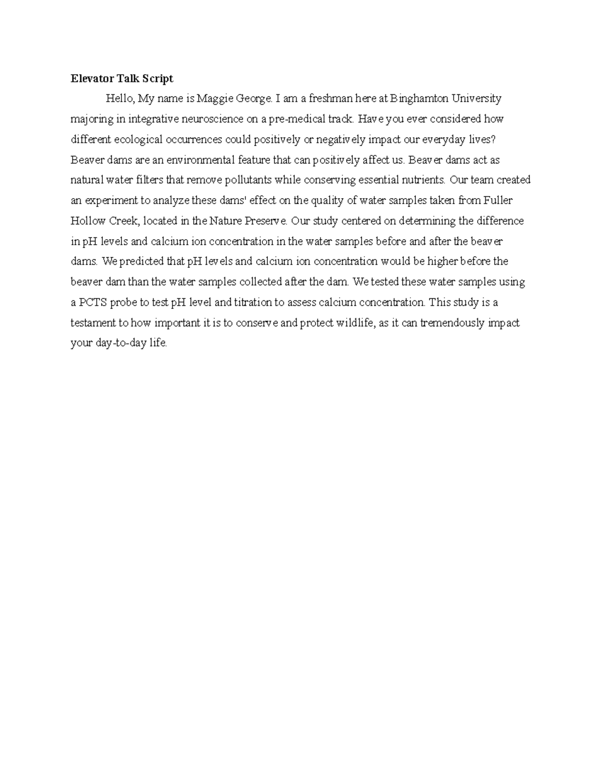 Elevator Talk Script: Analyzing Beaver Dams' Impact on Water Quality ...