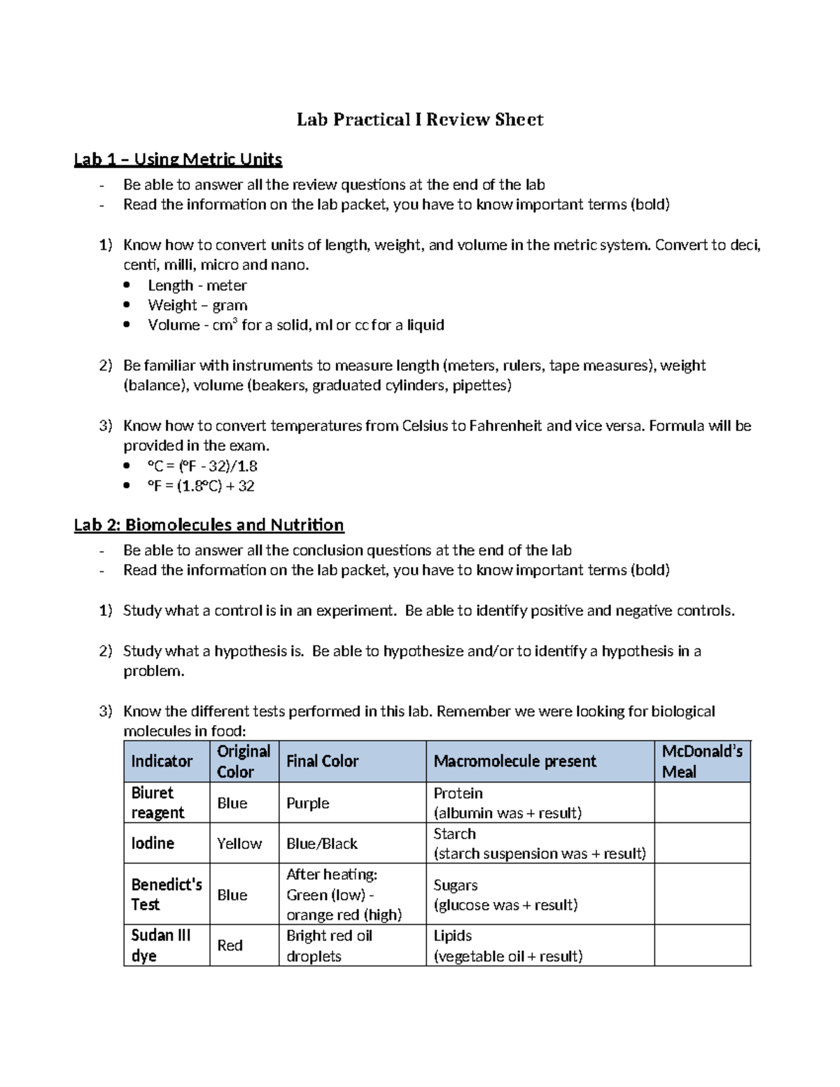 Lab Practical I Review Sheet for Biology (BIO101) - Studocu