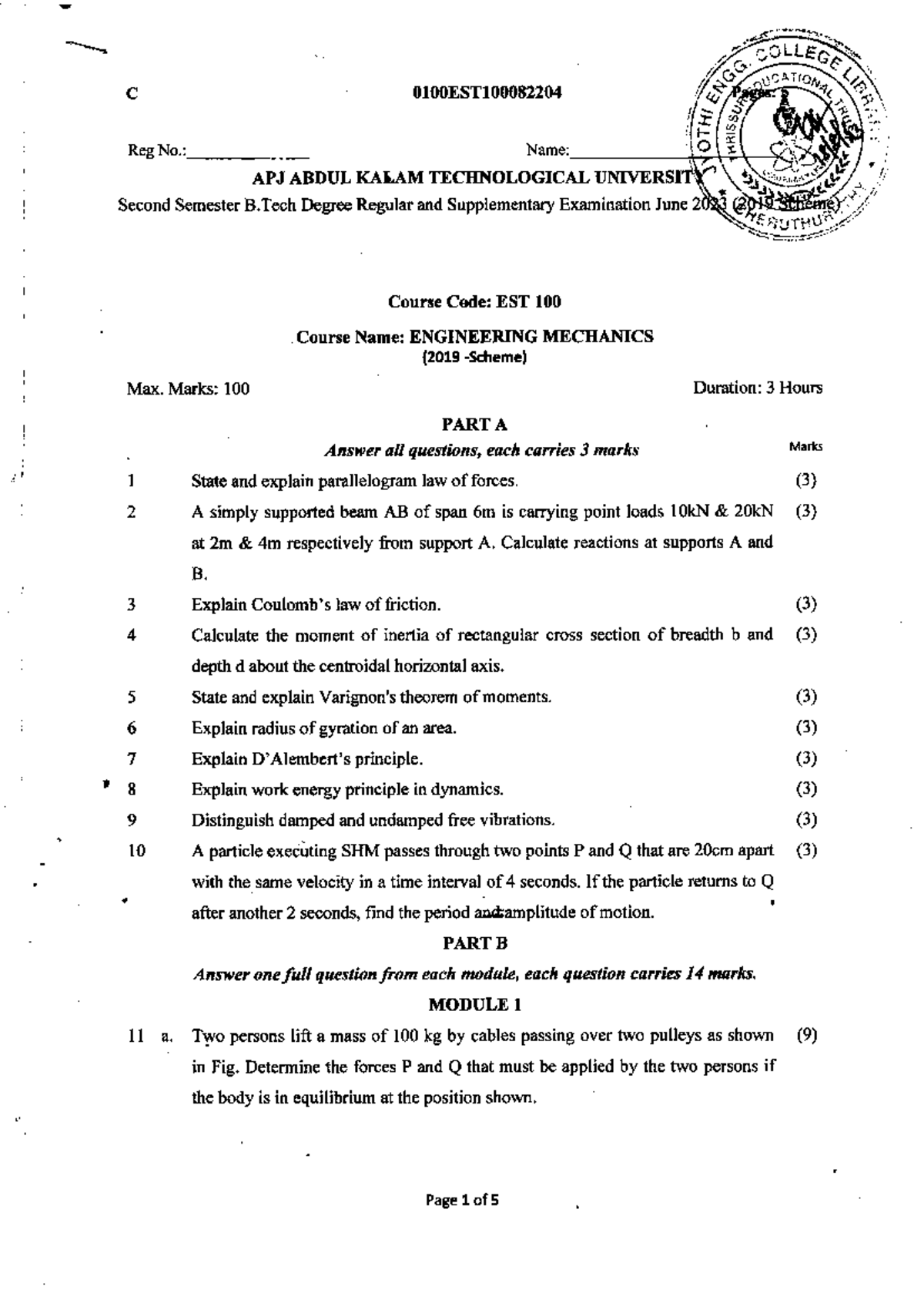B.Tech 1st Year Engineering Mechanics EST 100 June 2023 Exam Notes ...
