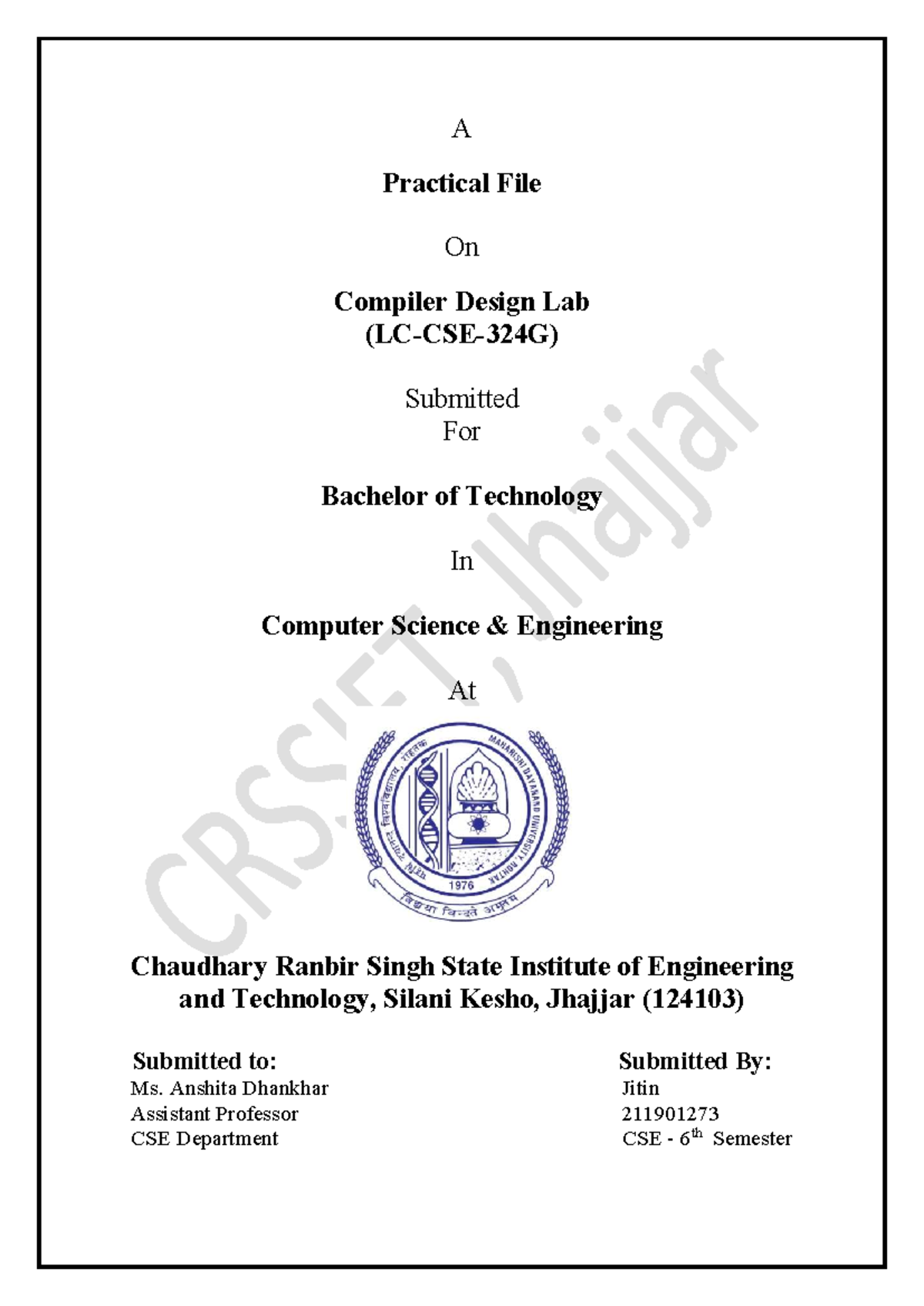 Compiler Design Lab Practical File for B.Tech CSE - 6th Sem - Studocu