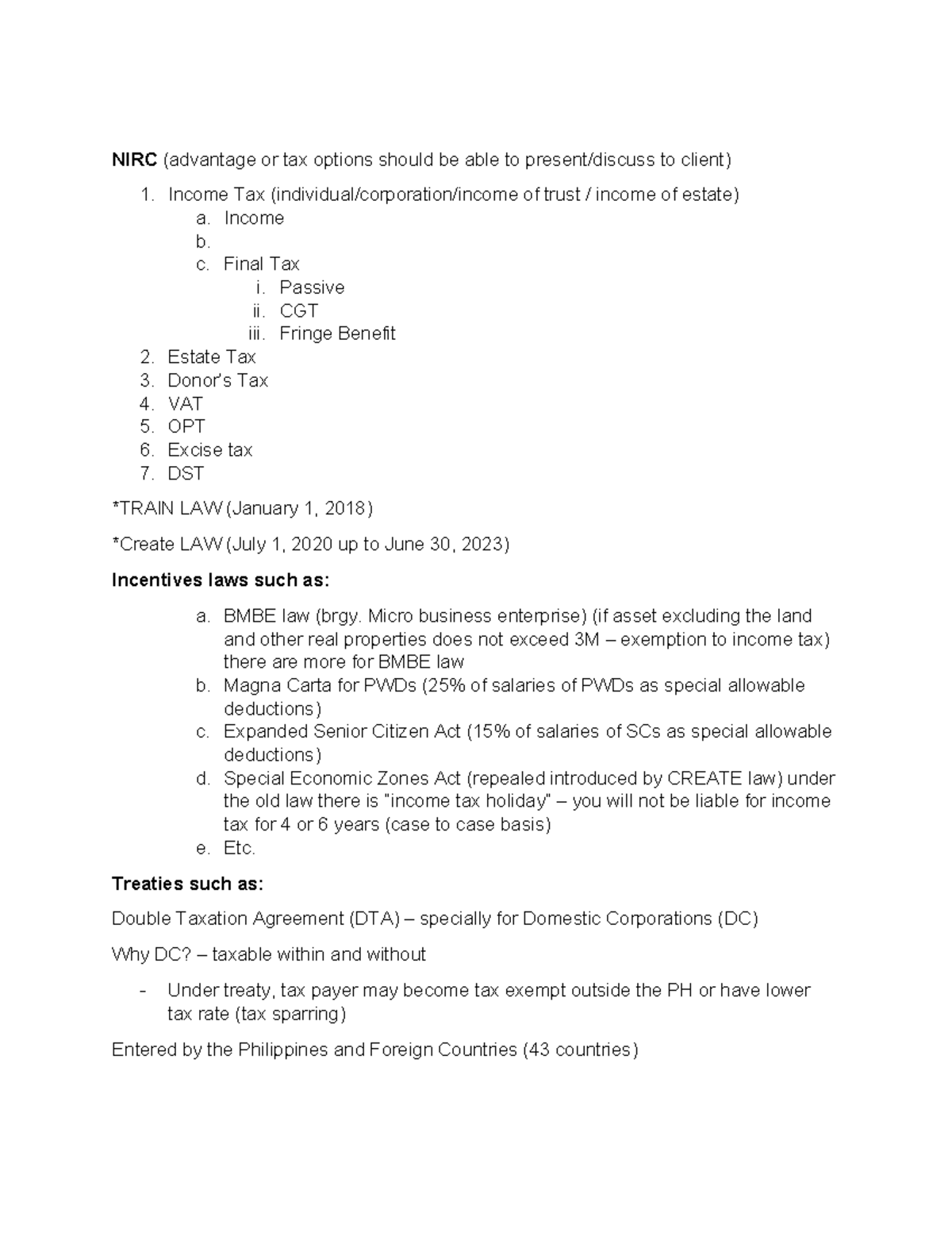 NIRC Tax Options & Incentives: A Comprehensive Overview (Tax 3) - Studocu