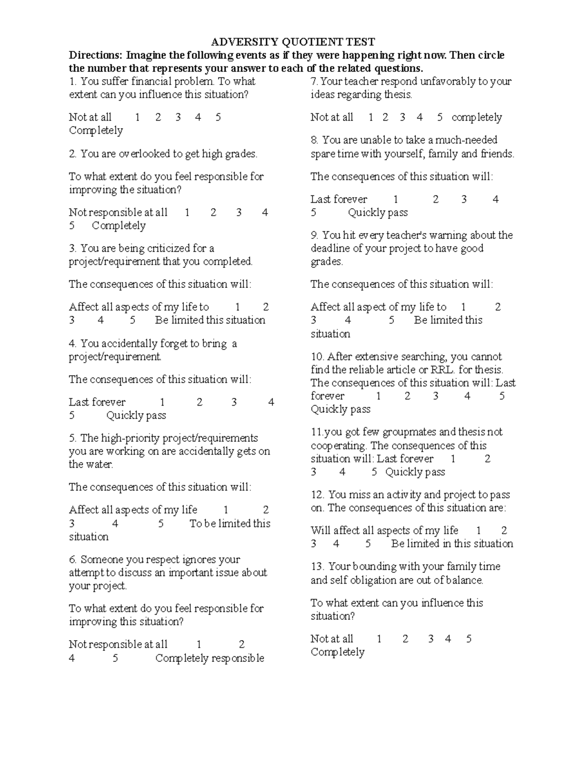 Adversity-Response-Profile - ADVERSITY QUOTIENT TEST Directions ...