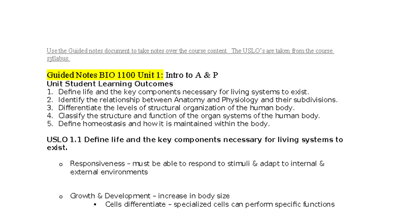 Guided Notes BIO 1100 Unit 1: Intro to Anatomy & Physiology - Studocu