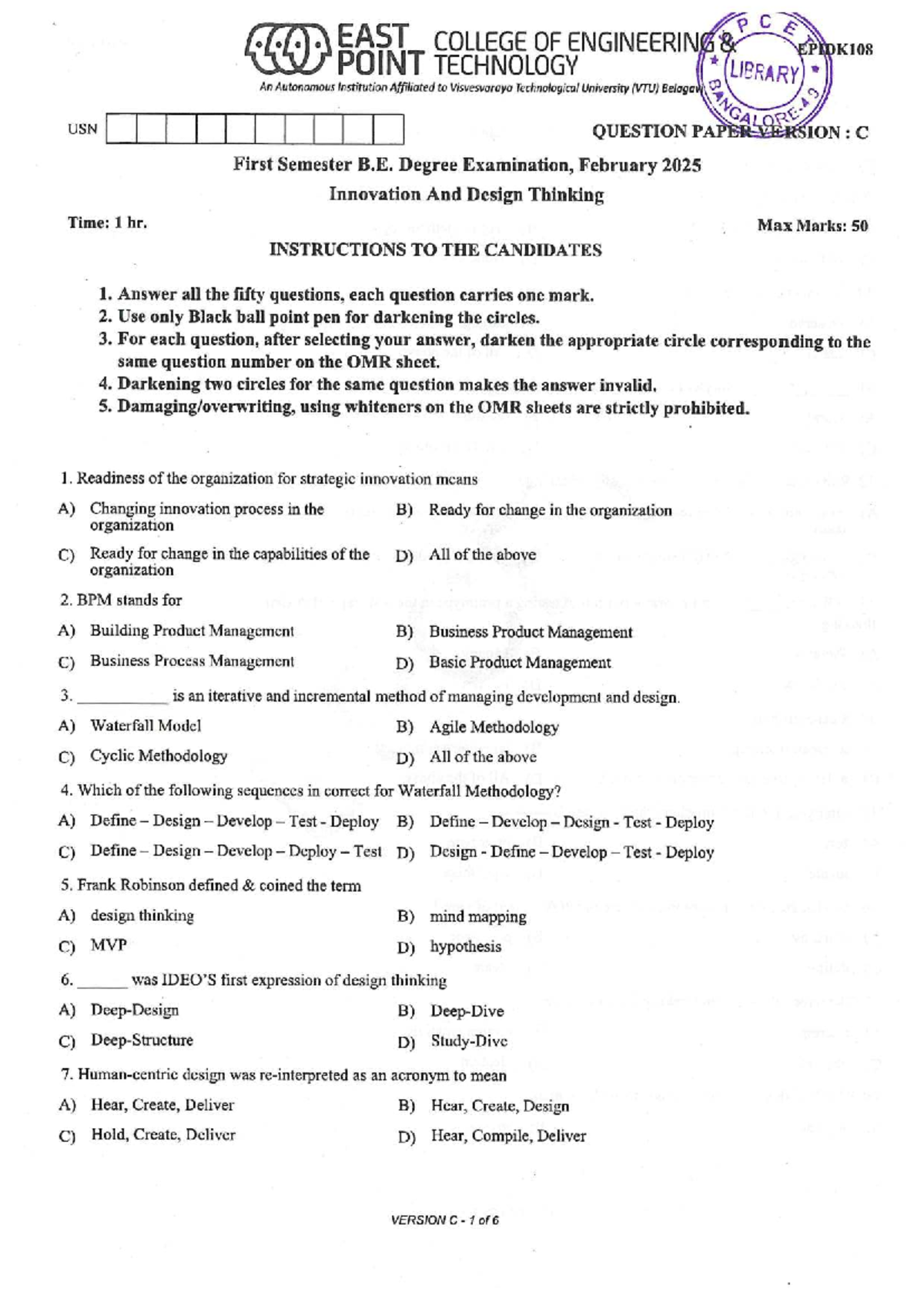 EPIDK108 Final Exam Question Paper: Innovation and Design Thinking ...