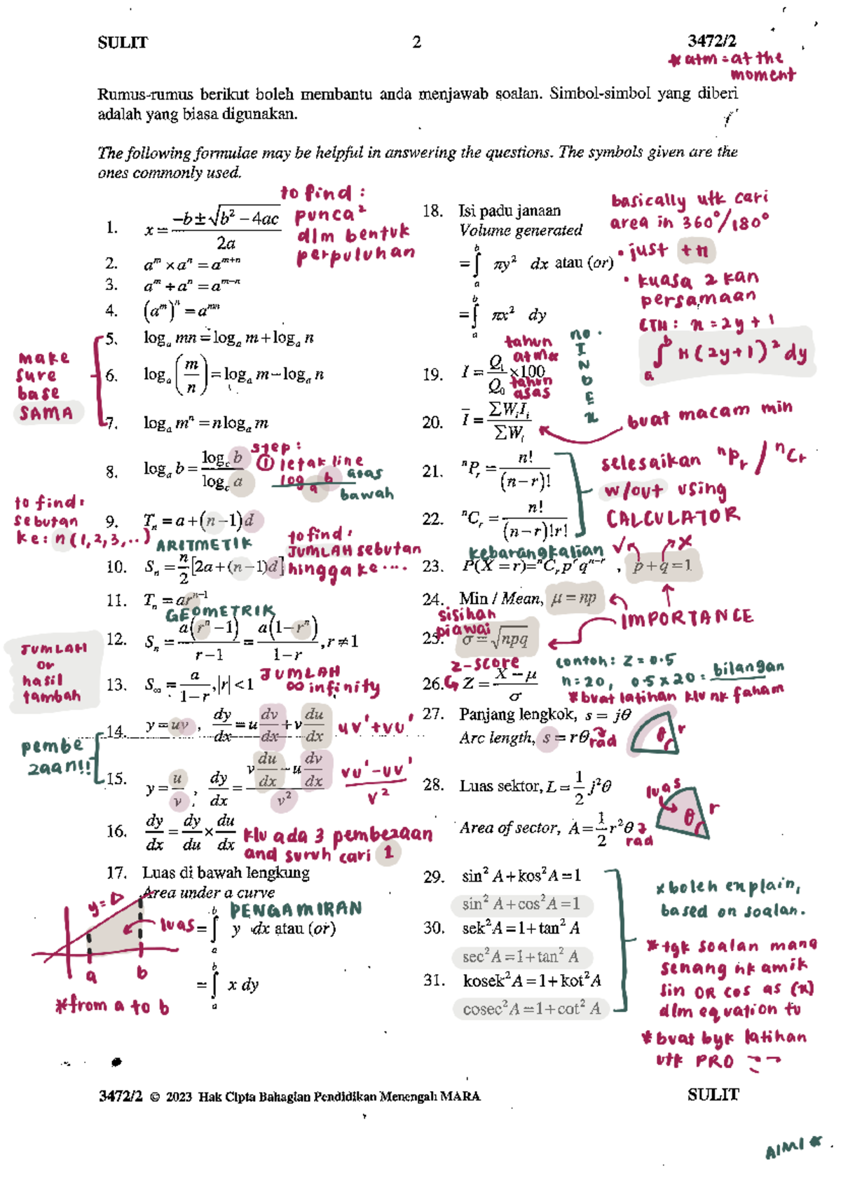 Rumus Addmath (Derived) untuk Kertas 3472/2 SULIT 2023 - Studocu