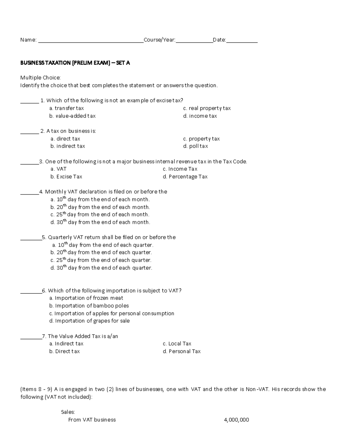 Business Taxation Prelim Exam Sample Questions & Practice Problems ...
