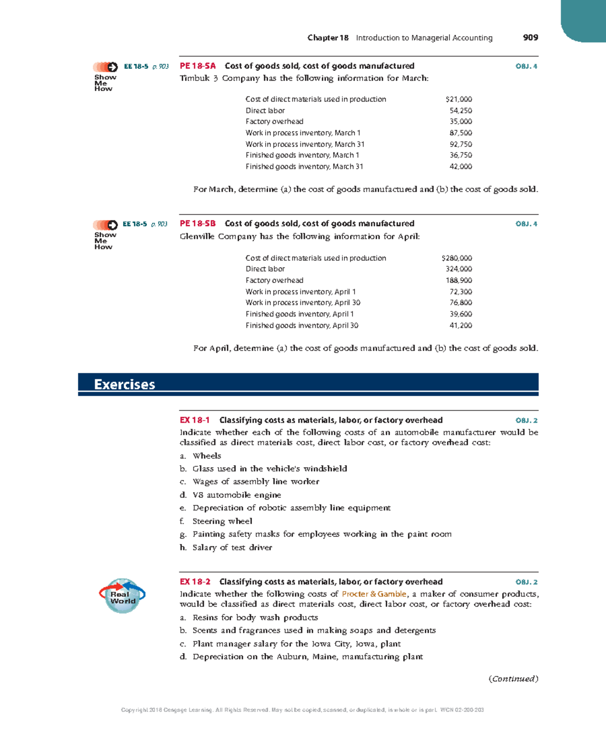 Managerial Accounting - Chapter 18 Exercises & Cost Classifications ...