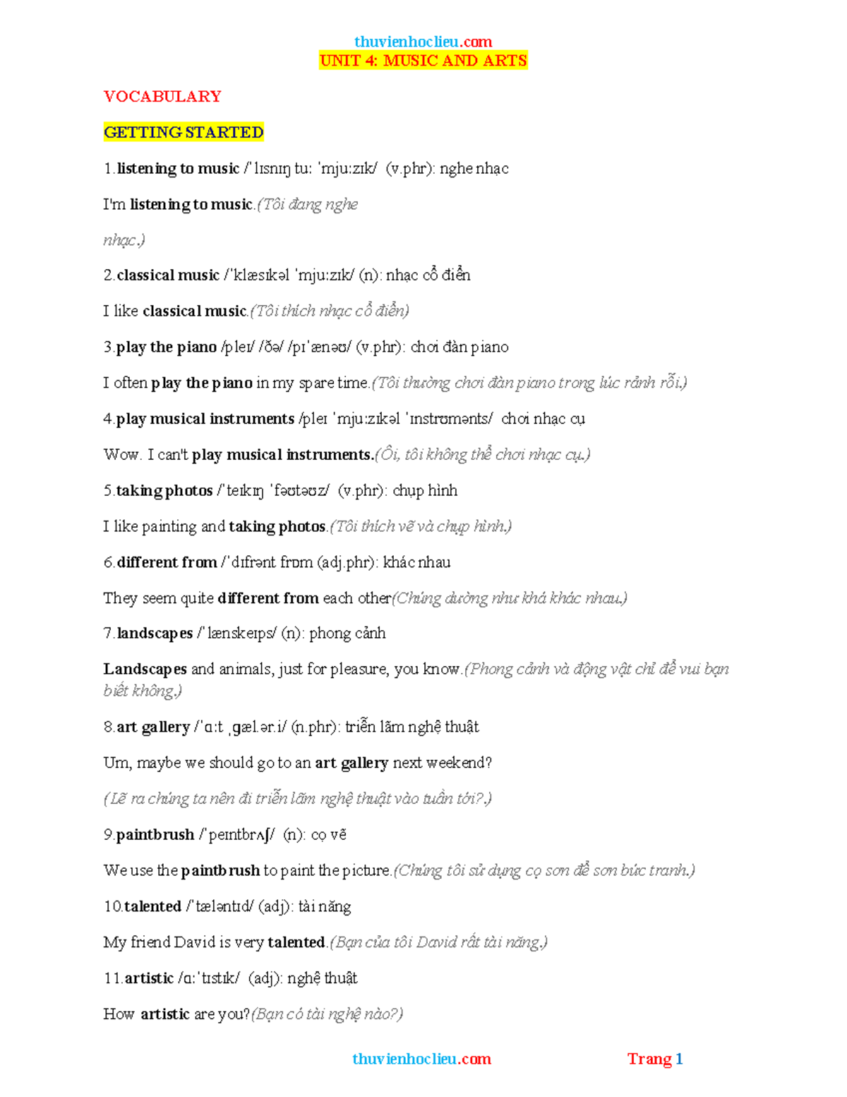Thuvienhoclieu.com - Unit 4: Music and Arts Vocabulary Exercises - Studocu