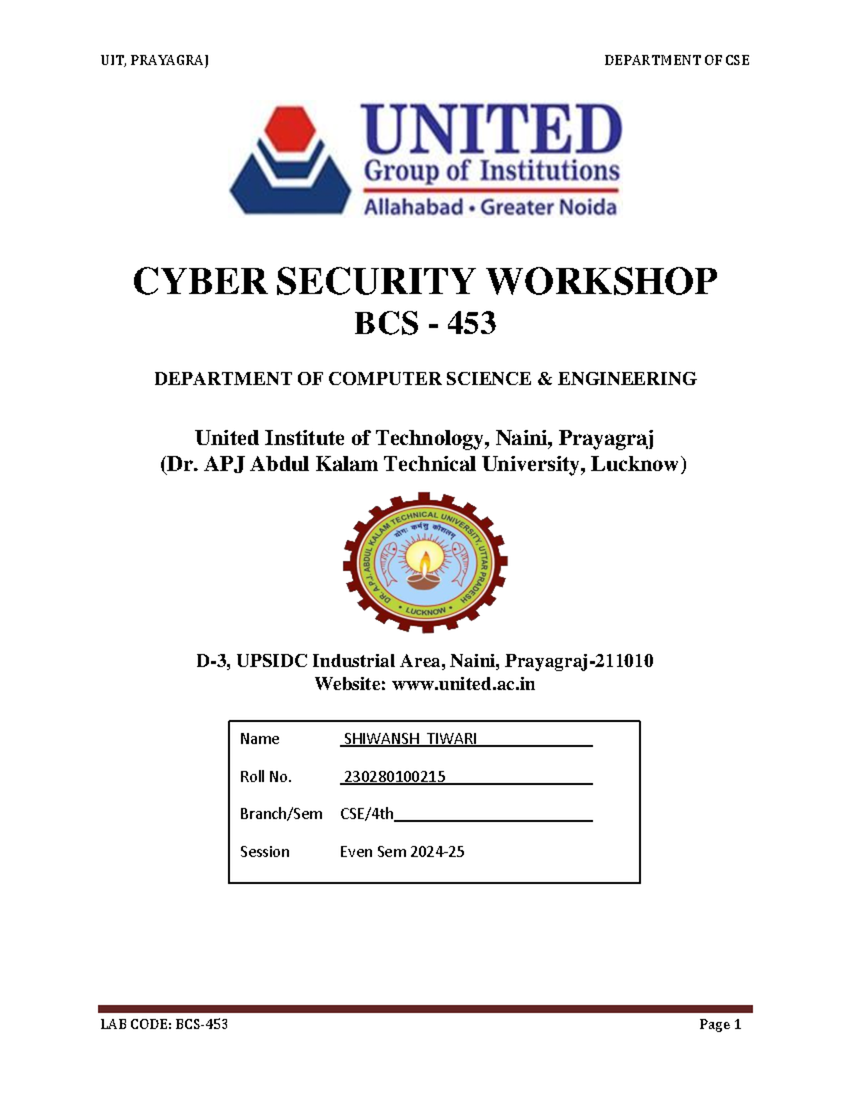 Cyber Security Workshop Lab Manual BCS 453 - UIT Prayagraj - Studocu