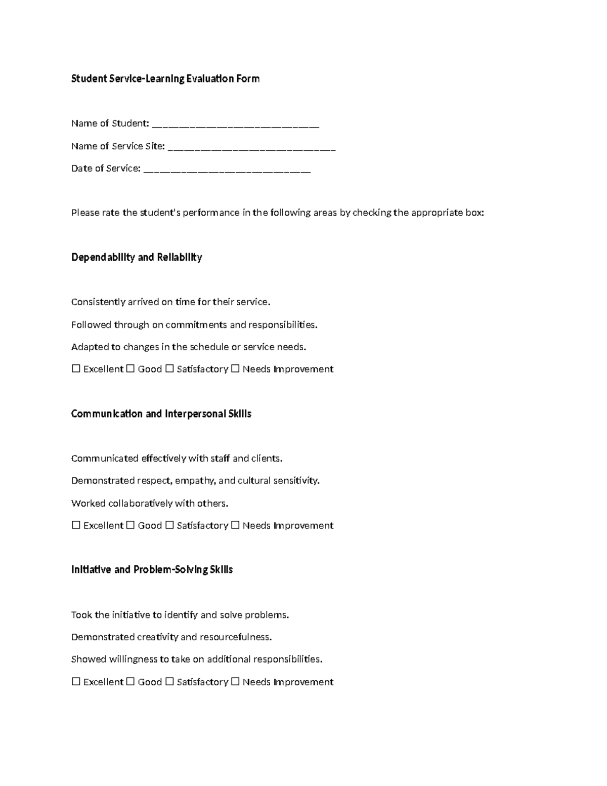 Service-Learning Supervisor Evaluation Form: Student Performance Review ...