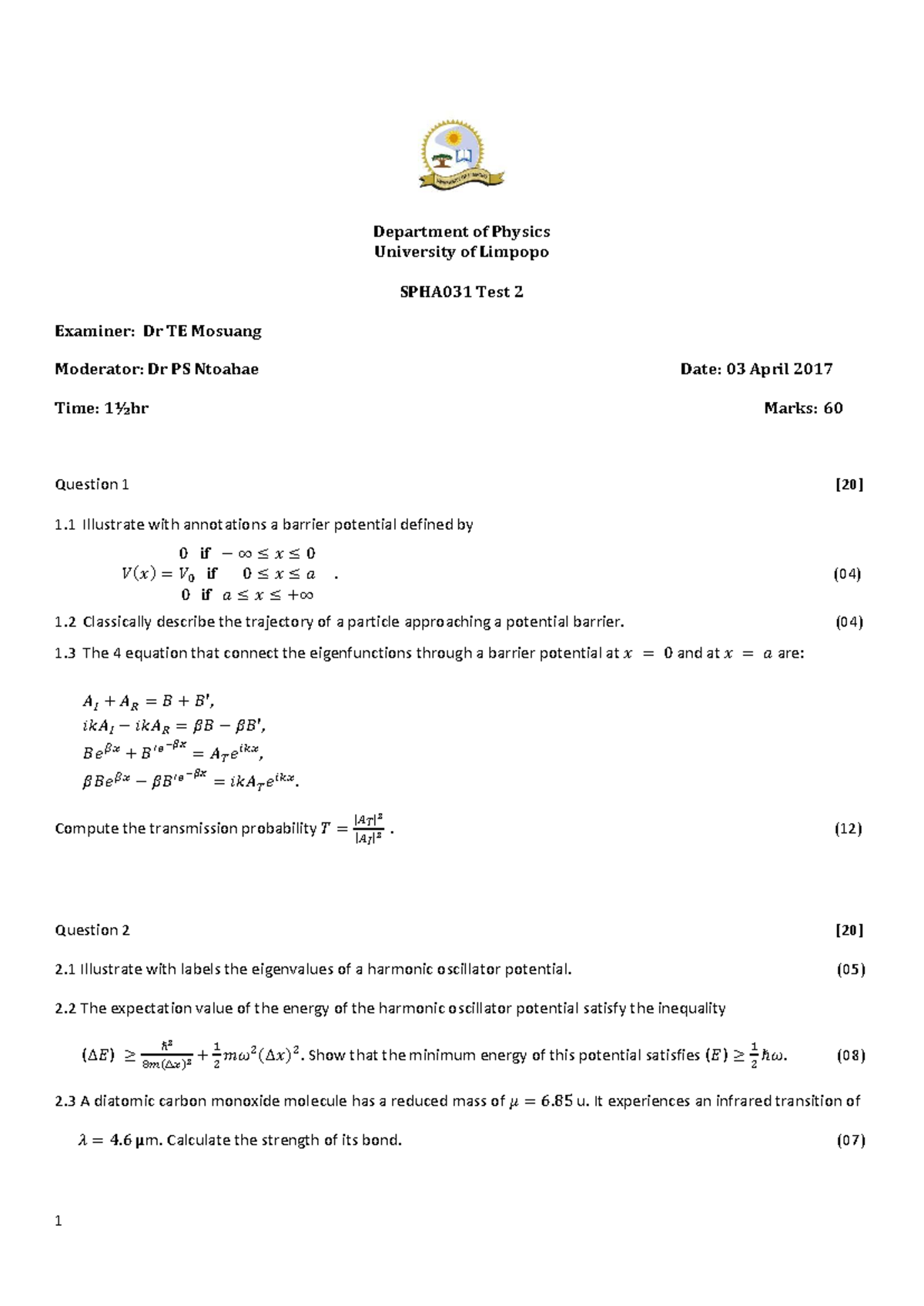 SPHA031-17 Test 2 - Quantum Mechanics Exam Questions and Solutions ...