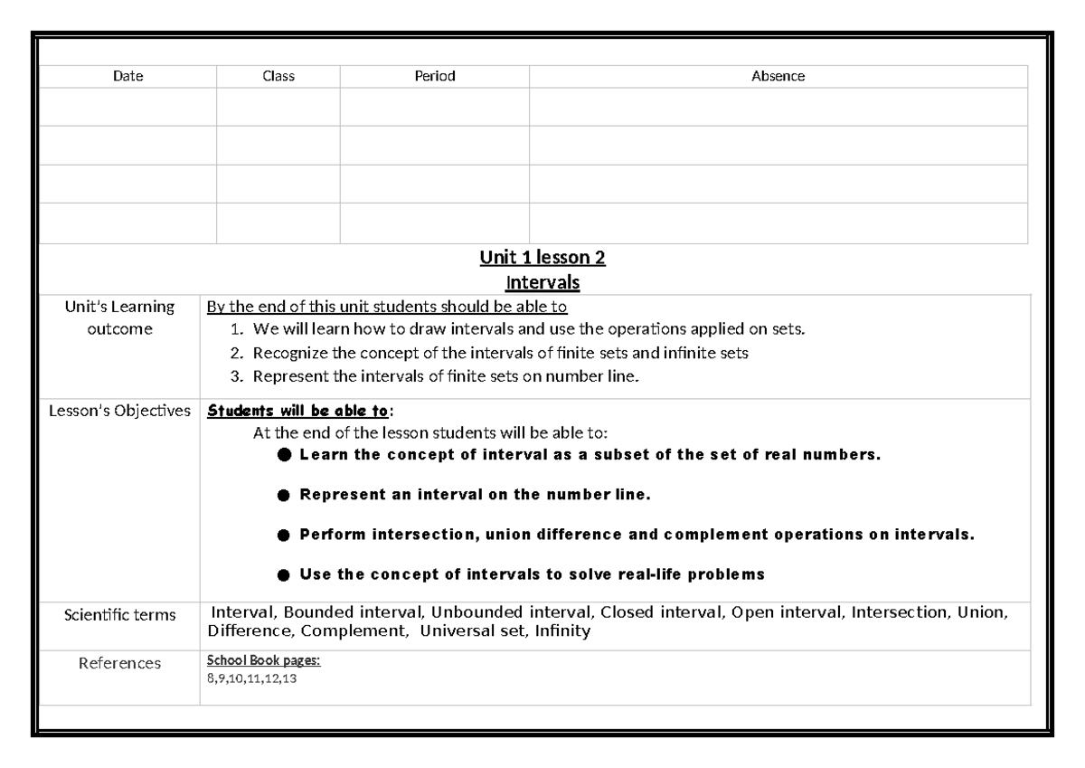 Lesson Plan: Unit 1 - Intervals (Math 101) - Studocu