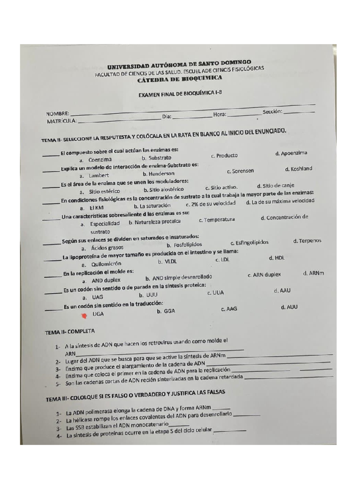 Bioquímica - Examen Final Departamental de Bioquímica - UASD - Document Preview