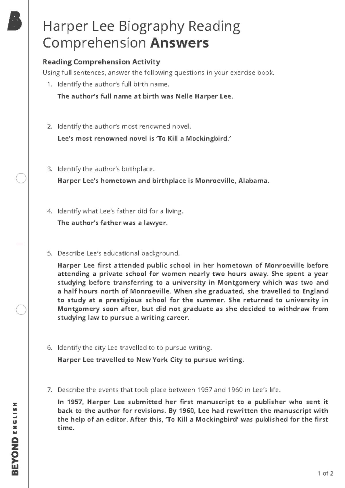 Harper Lee Biography - Reading Comprehension Answers Activity - Studocu