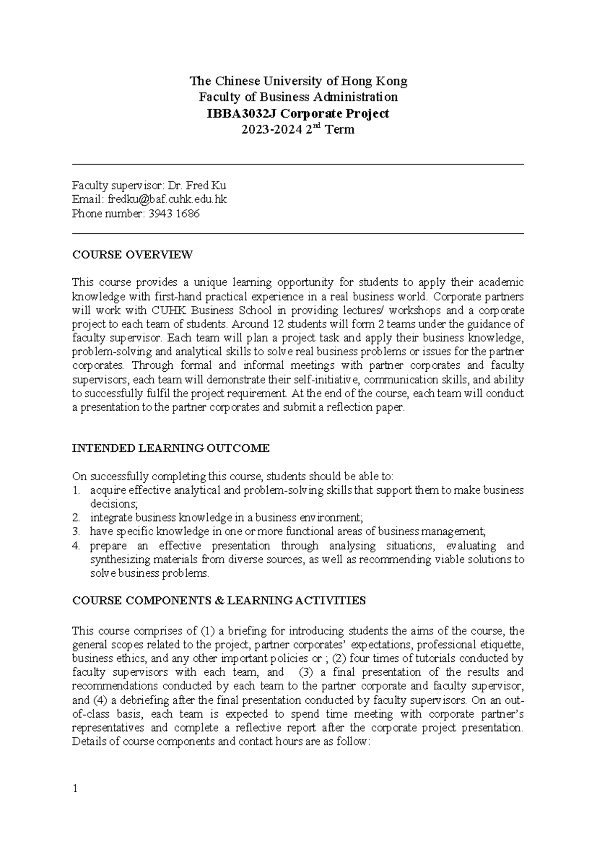 IBBA3032J Corporate Project Course Outline & Key Information 2023-24 ...