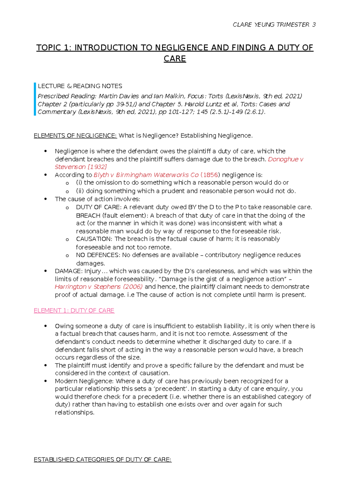 Topic 1: Negligence & Duty of Care Lecture Notes (Torts 101) - Studocu