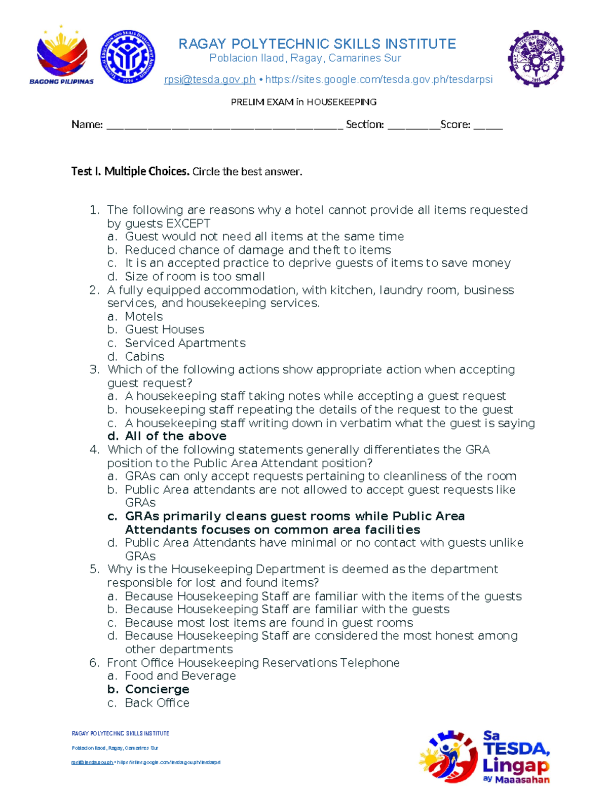 Prelim HK - RAGAY POLYTECHNIC SKILLS INSTITUTE Poblacion Ilaod, Ragay ...
