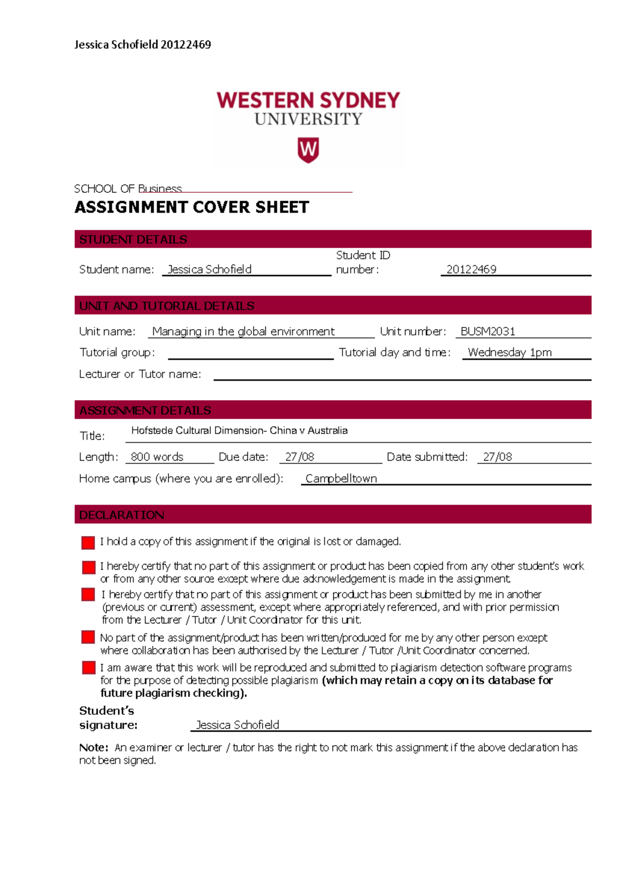 Global essay assignment 1 - SCHOOL OF Business ASSIGNMENT COVER SHEET ...