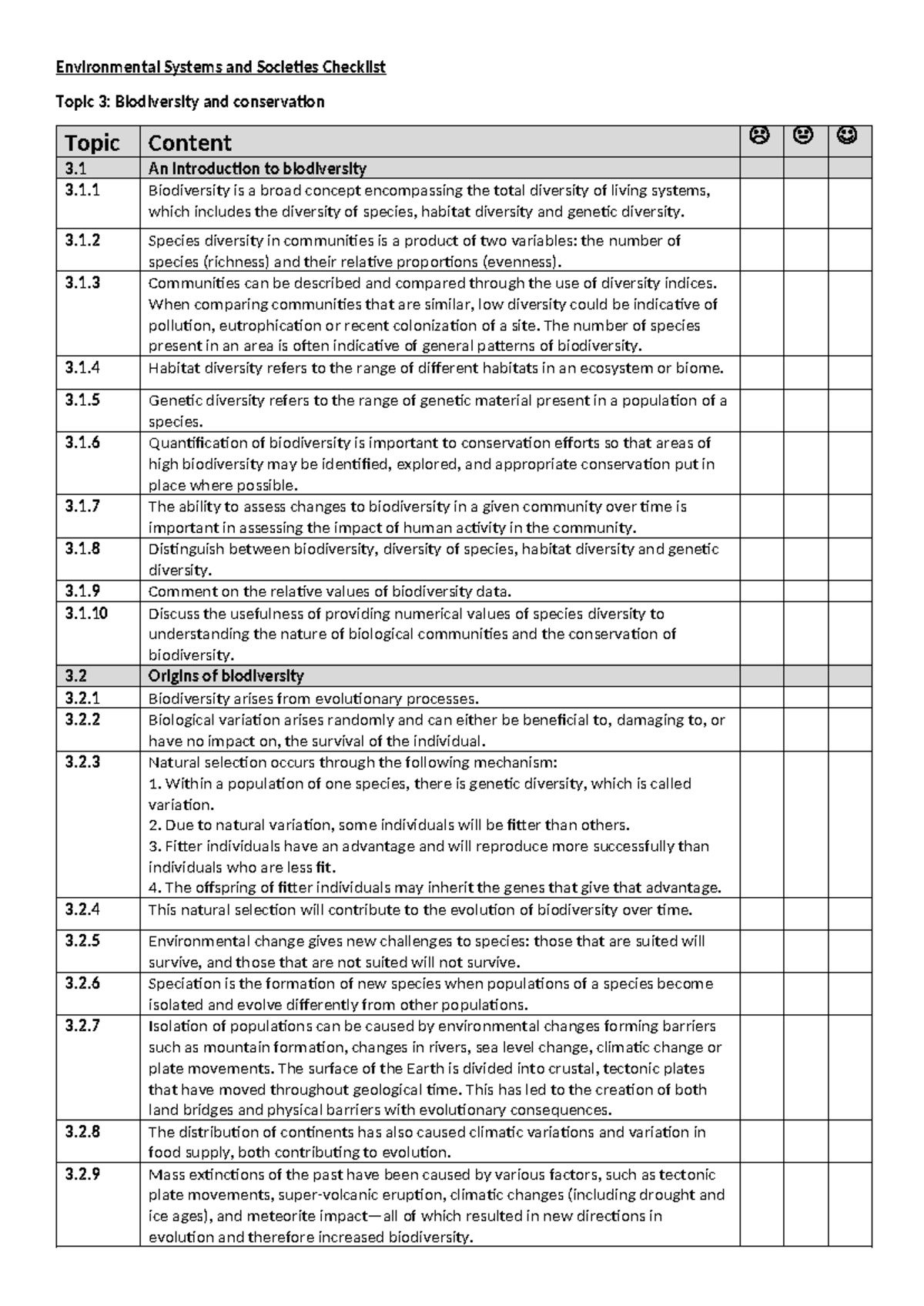 ESS Topic 3: Biodiversity and Conservation Checklist - Studocu