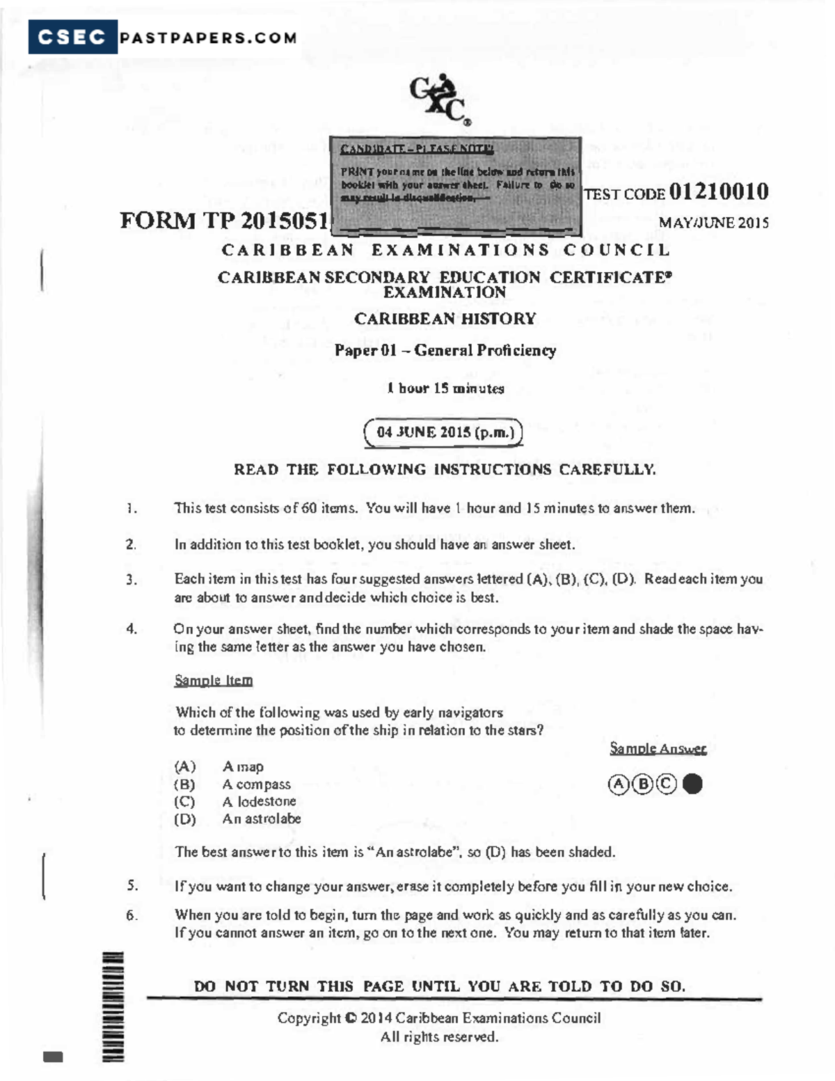 Caribbean History CSEC 2015 Paper 01 Exam Questions and Instructions ...
