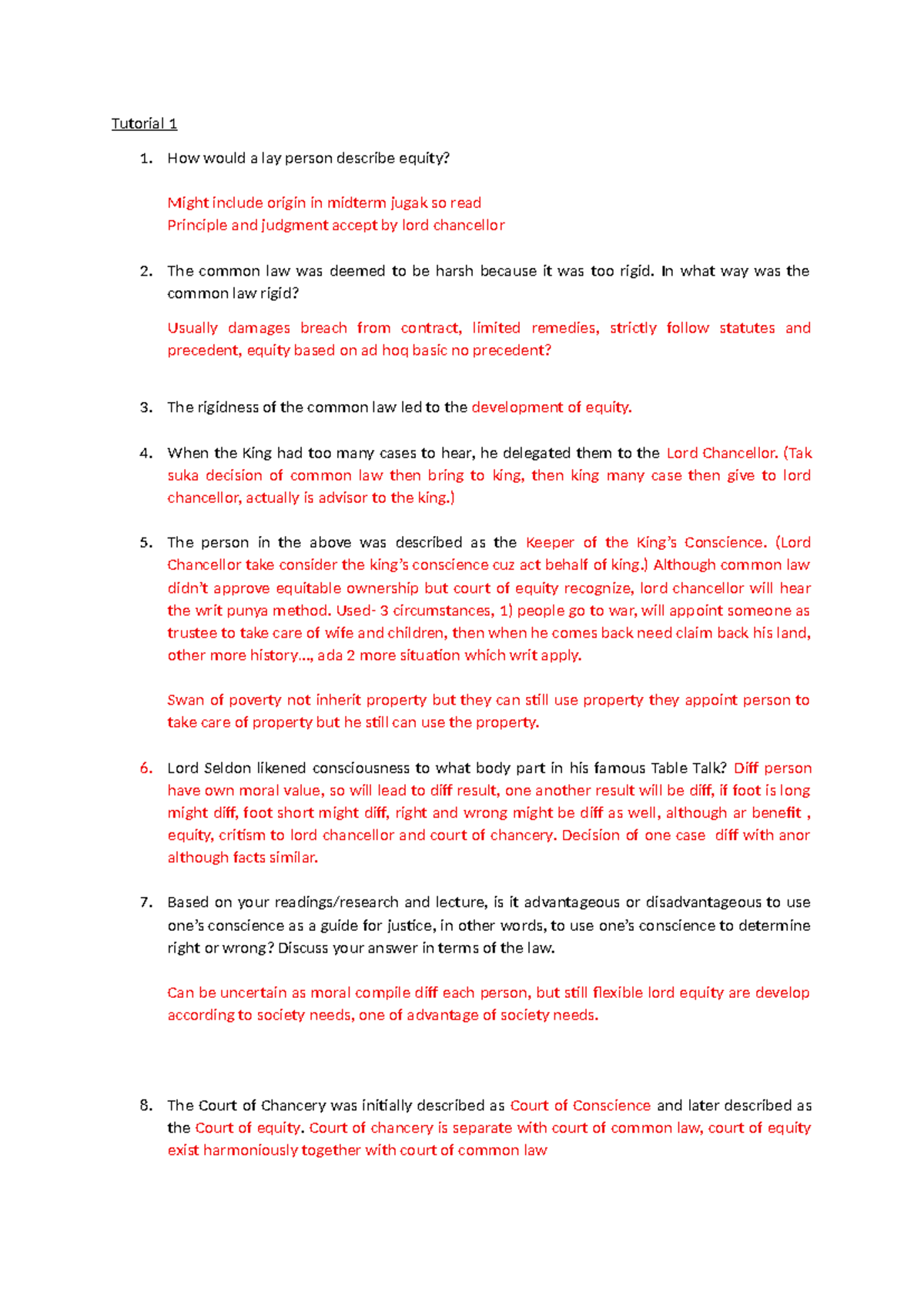 Tutorial 1a: Understanding Equity and Common Law Principles - Studocu