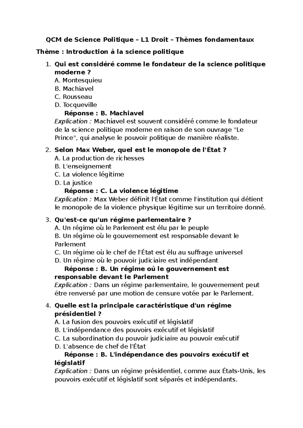 QCM de Science Politique L1 Droit : Introduction à la Science Politique ...
