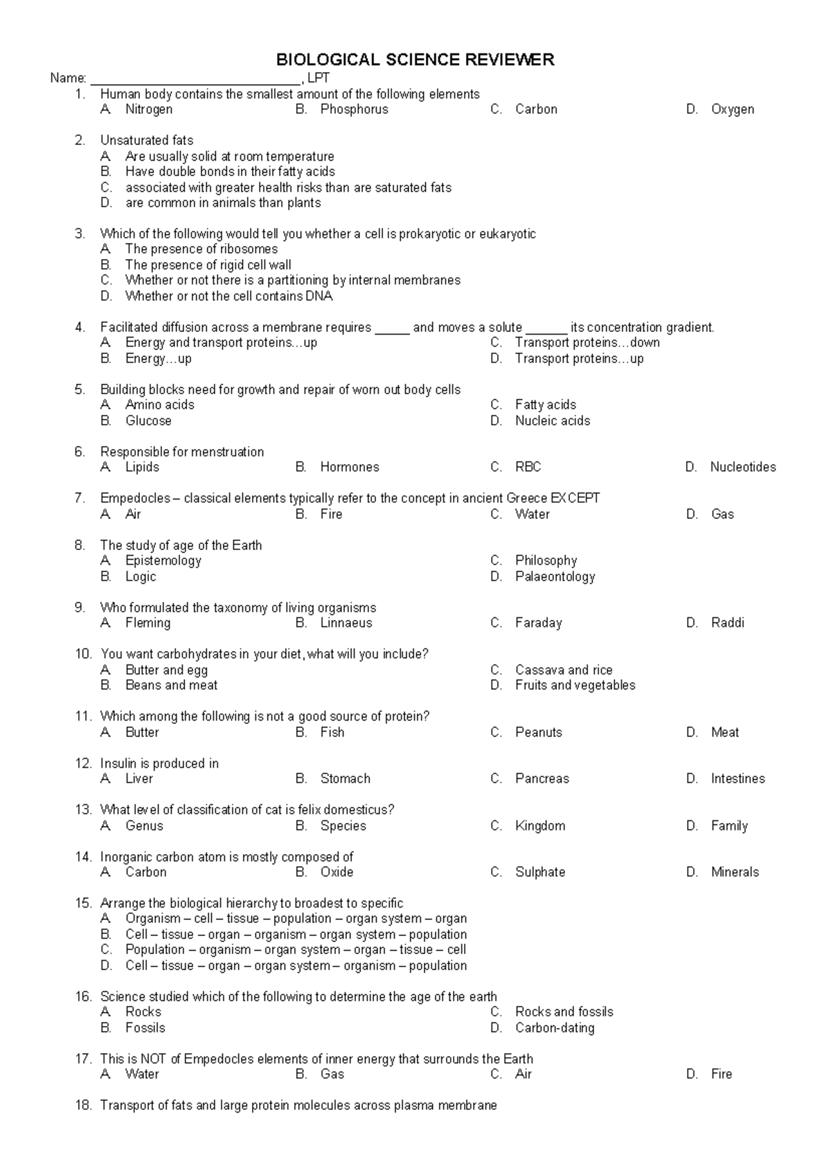 LET Biological Science Final Exam Reviewer with Practice Questions ...