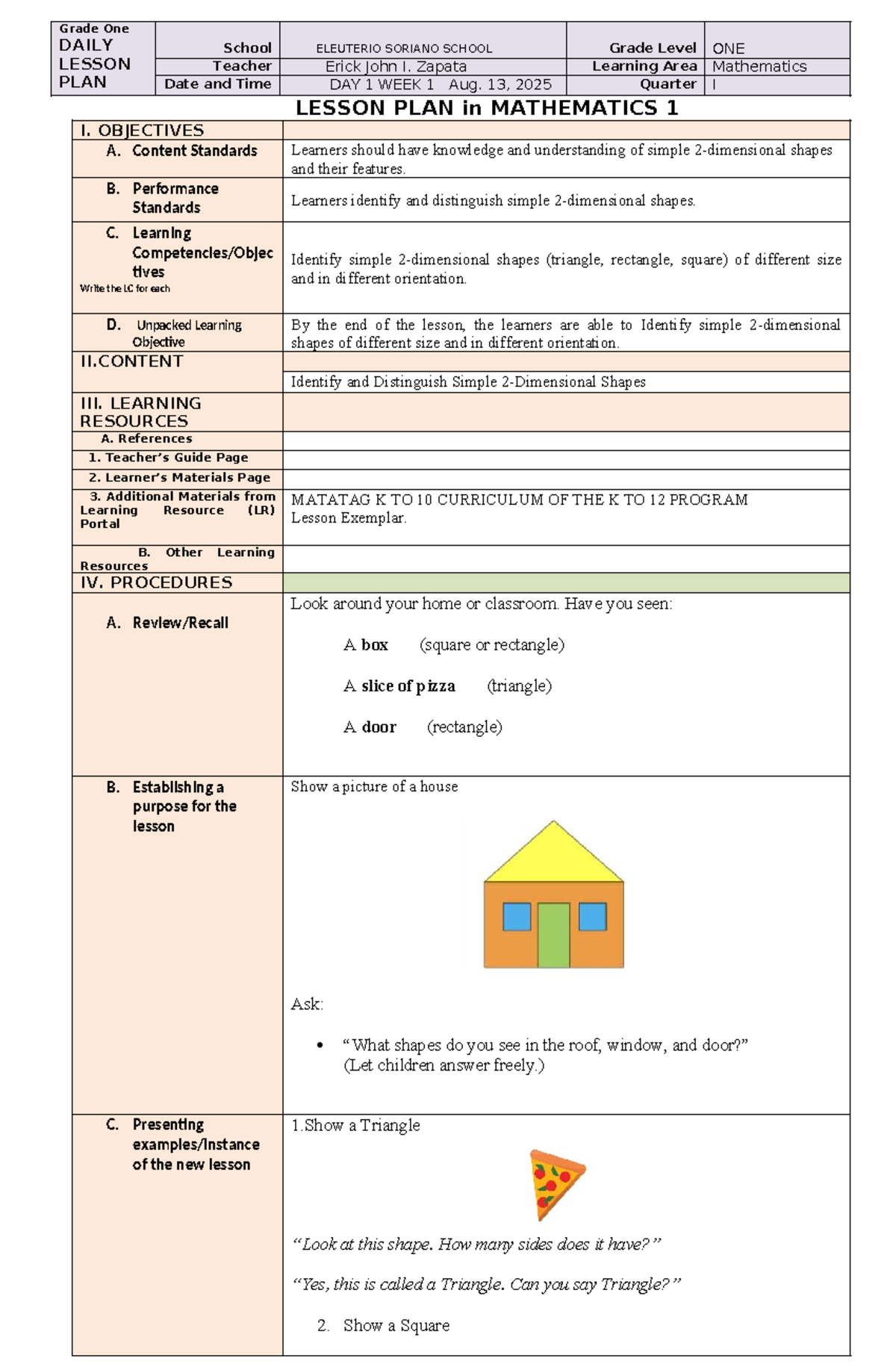 Grade 1 DLP: Identifying Simple Shapes in Mathematics - Studocu