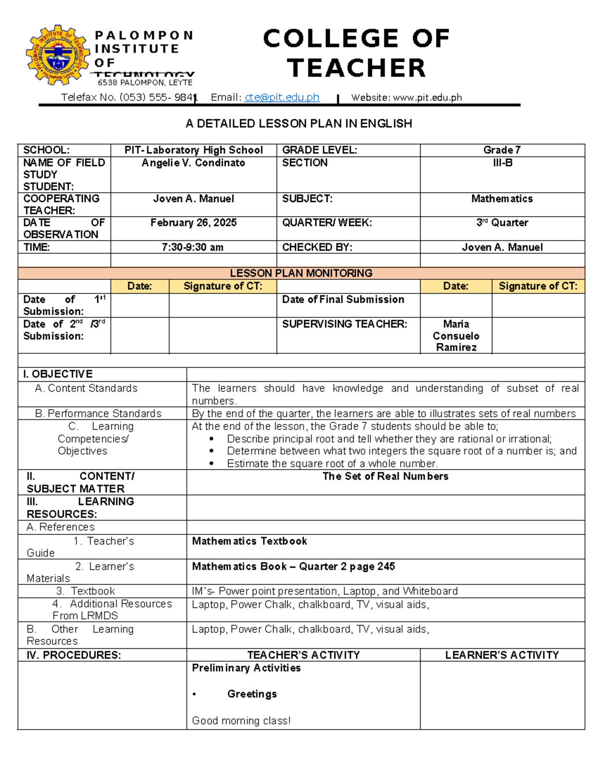 DLP - Detailed Lesson Plan on Sets of Real Numbers for Grade 7 (T6538 ...