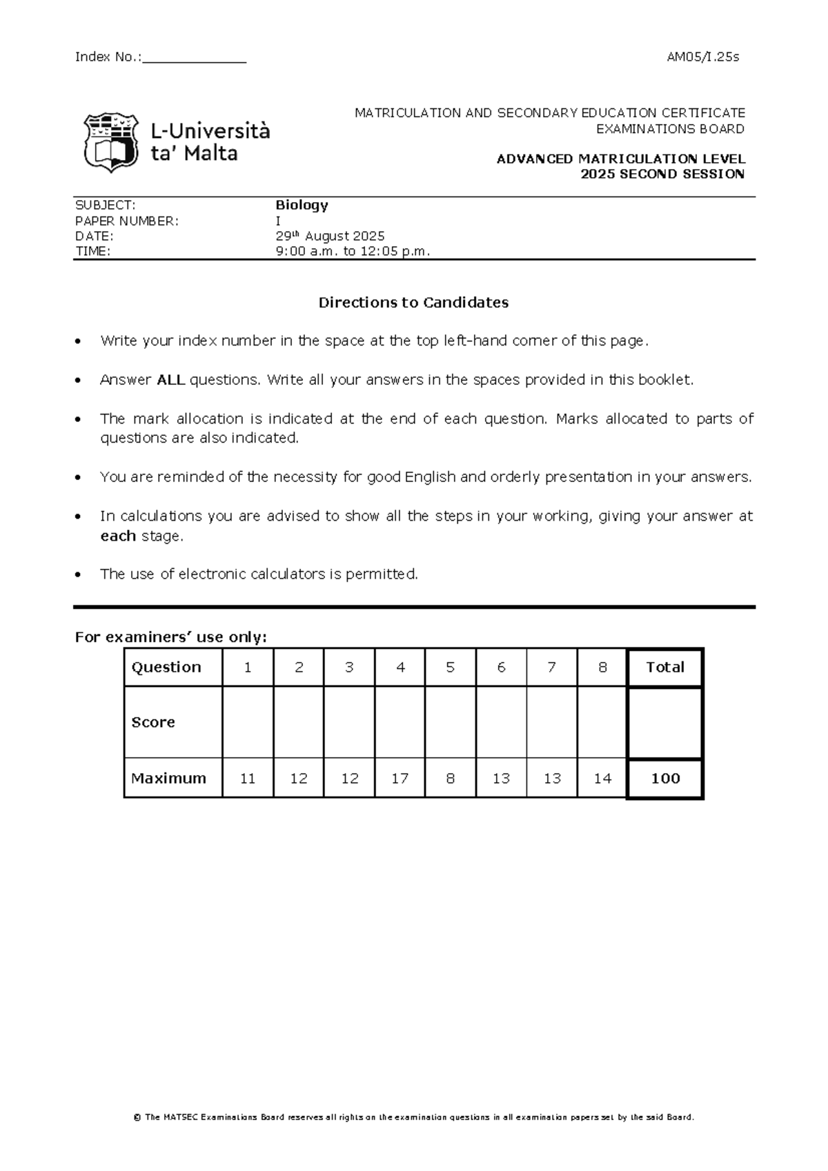Biology Past Paper MATSEC 2025 Advanced Level Exam - Studocu