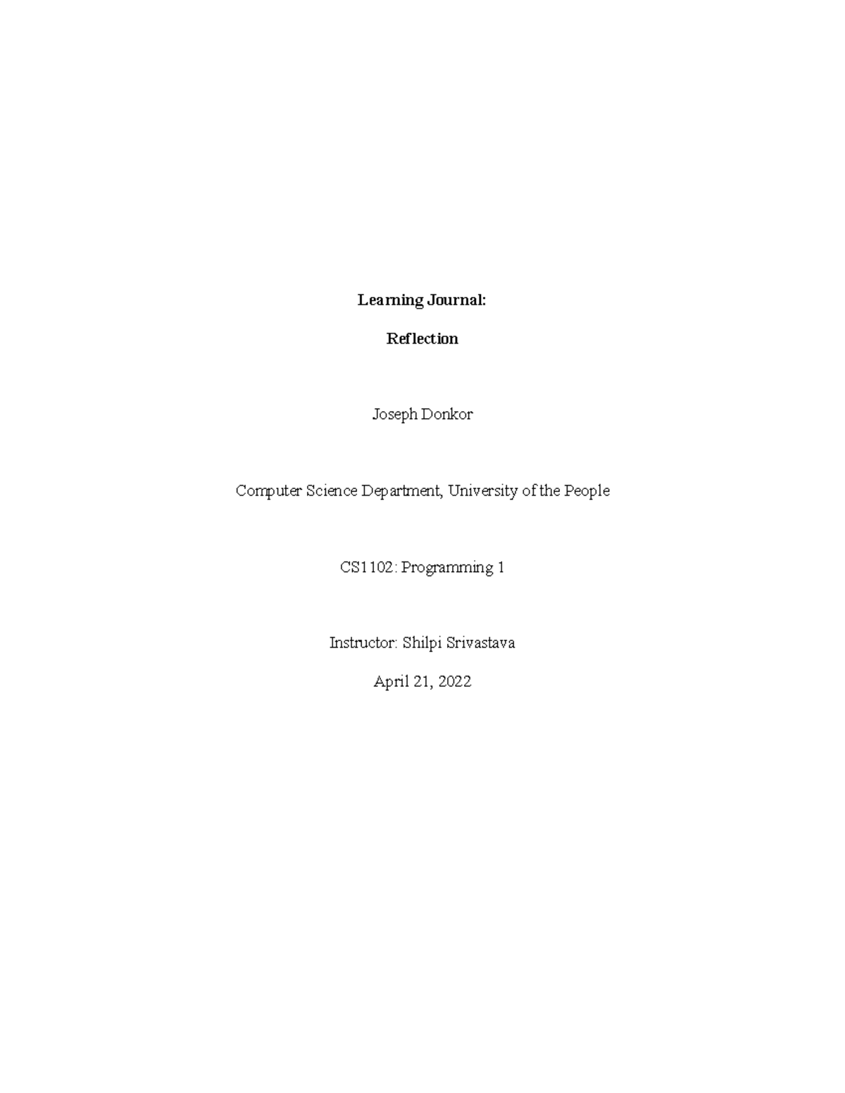 CS1102 Uni2LJ - Learning Journal Reflection on Java Programming - Studocu