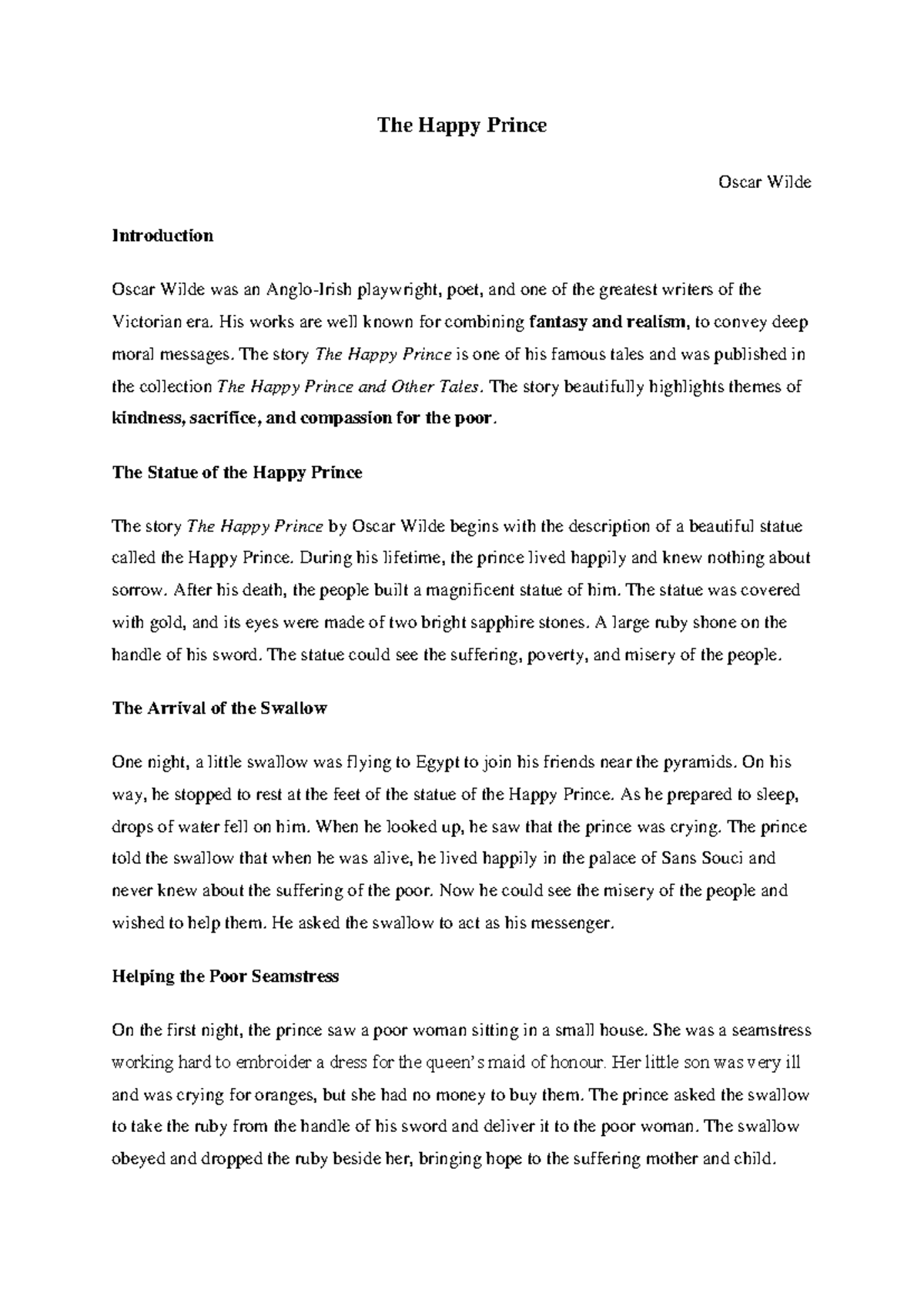 The Happy Prince - Essay on Oscar Wilde's Tale - Studocu