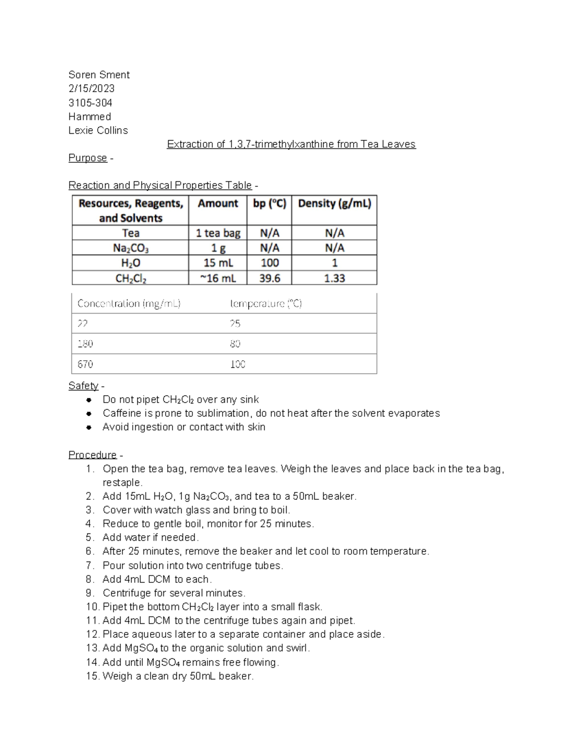 3105 Exp 4 - 3105 Experiment 4 "Extraction of 1,3,7-trimethylxanthine ...