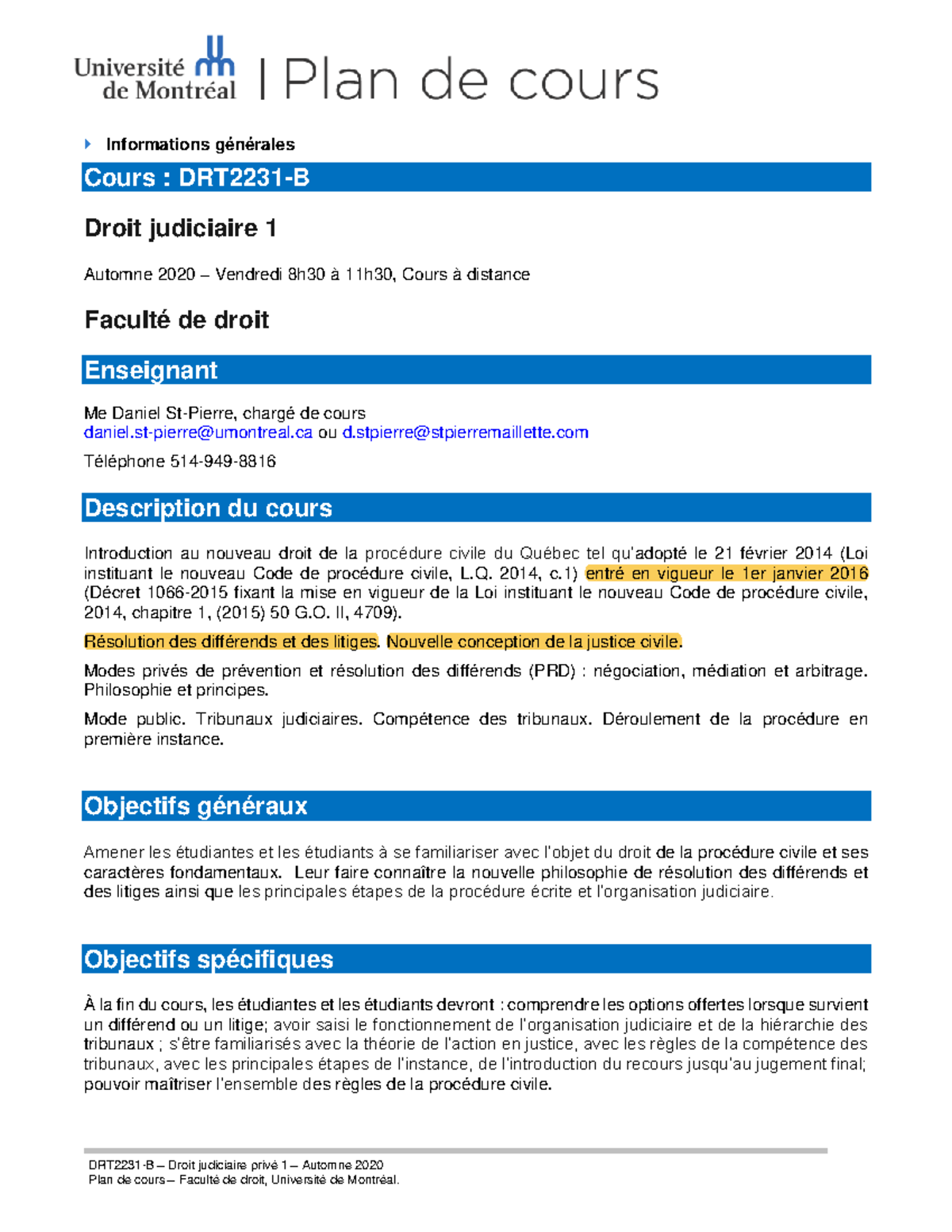 Plan de cours DRT-2231-B - Droit judiciaire 1 Automne 2020 - DRT2231-B ...